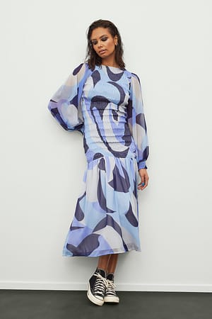Blue/Print Recyklingowana sukienka maxi z bufiastymi rękawami i marszczeniem