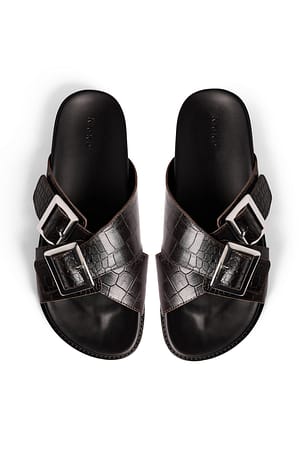 Brown Croco Double Buckle Leather Slippers