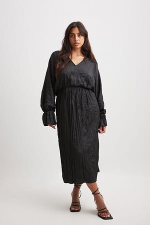 Black Drapowana teksturowana sukienka midi