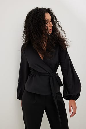 Black Kopertowa bluzka z wiązaniem i długim rękawem