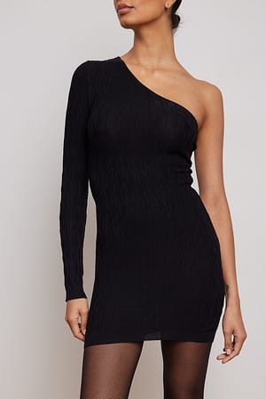 Black One Shoulder Pattern Knitted Mini Dress