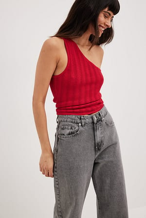 Red One Shoulder Wavy Stripe Knitted Top