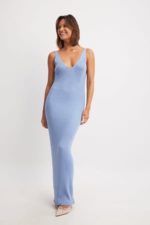 Dusty Blue Ribbed Knitted Deep Back Dress
