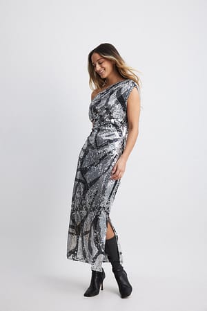Black/Silver Cekinowa sukienka midi odsłaniająca plecy