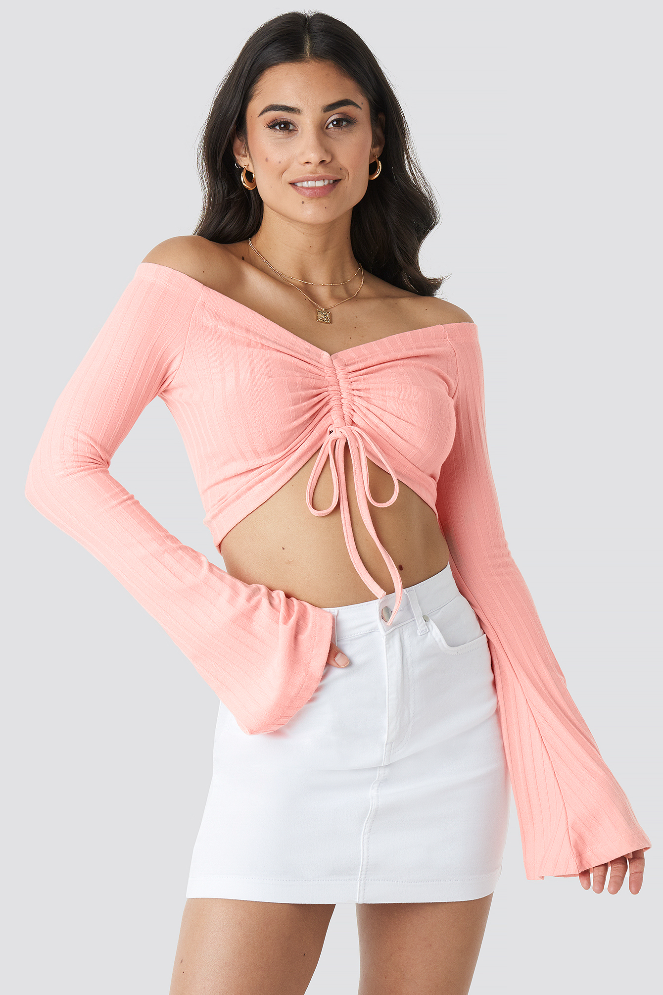 Drawstring Off Shoulder Top Pink Na