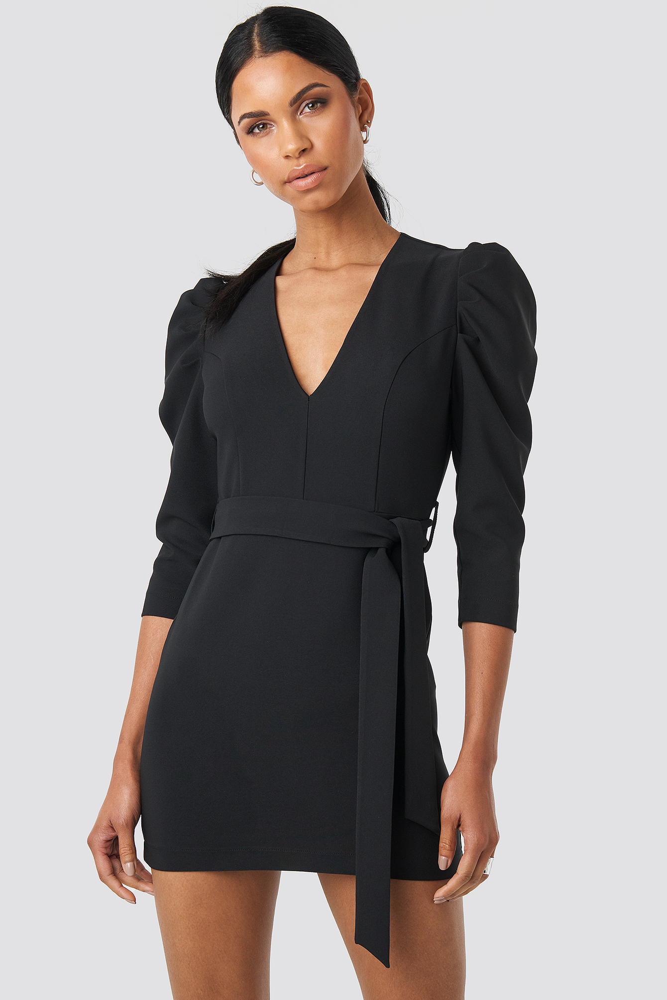 Belted Puffy Sleeve Dress Black | na-kd.com