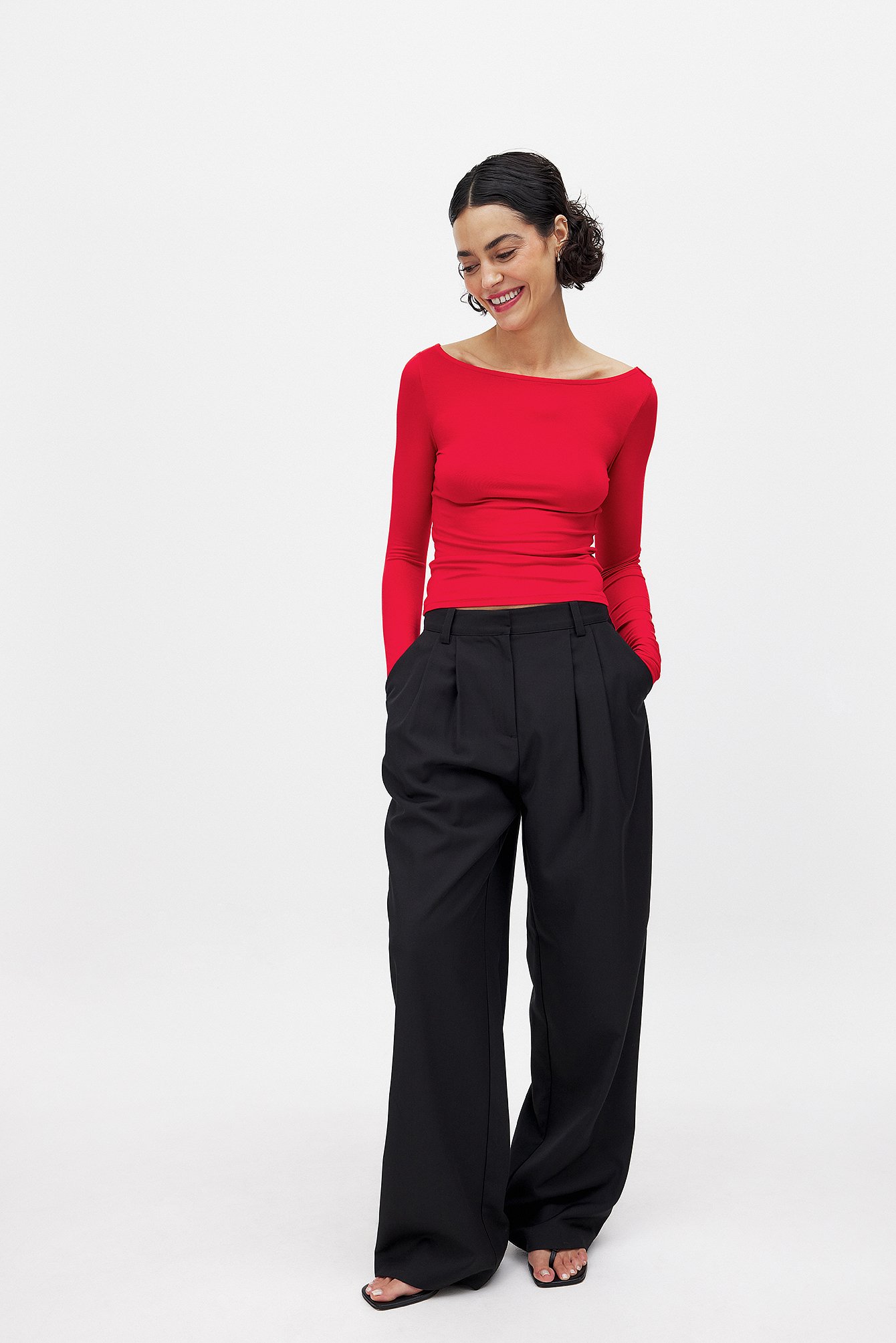 NA-KD Boat Neck Long Sleeve Top - Tops - Red - XS (EU 32) - NA-KD / NAKD