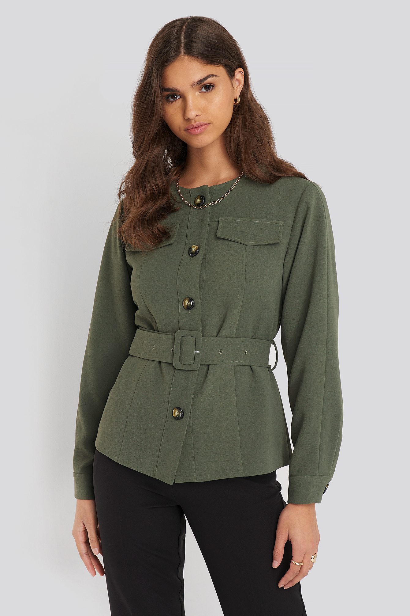 Buckle Belted Jacket Green Na Kd