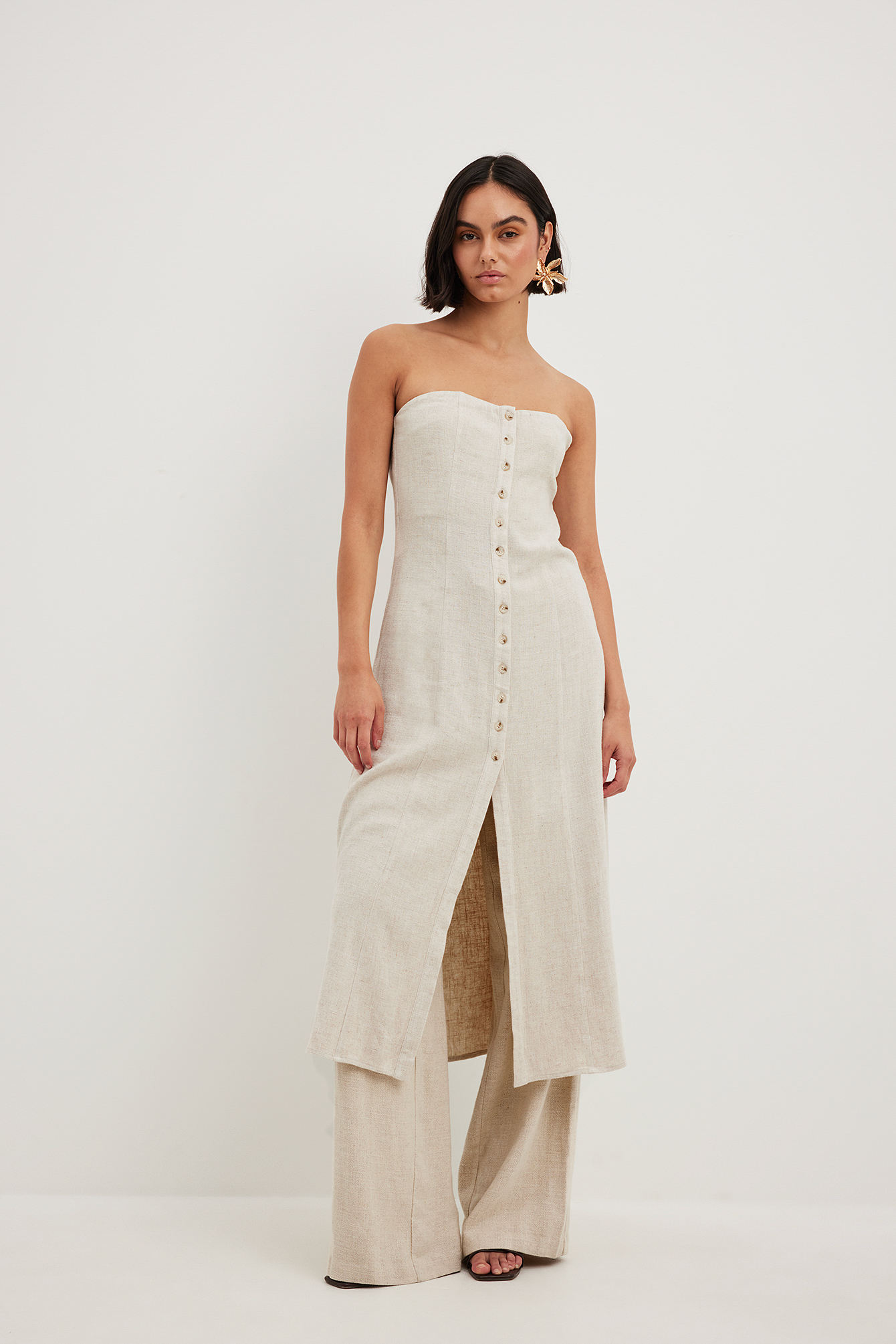 Front Knot Linen Shirt Dress - Light Beige - Mini dresses