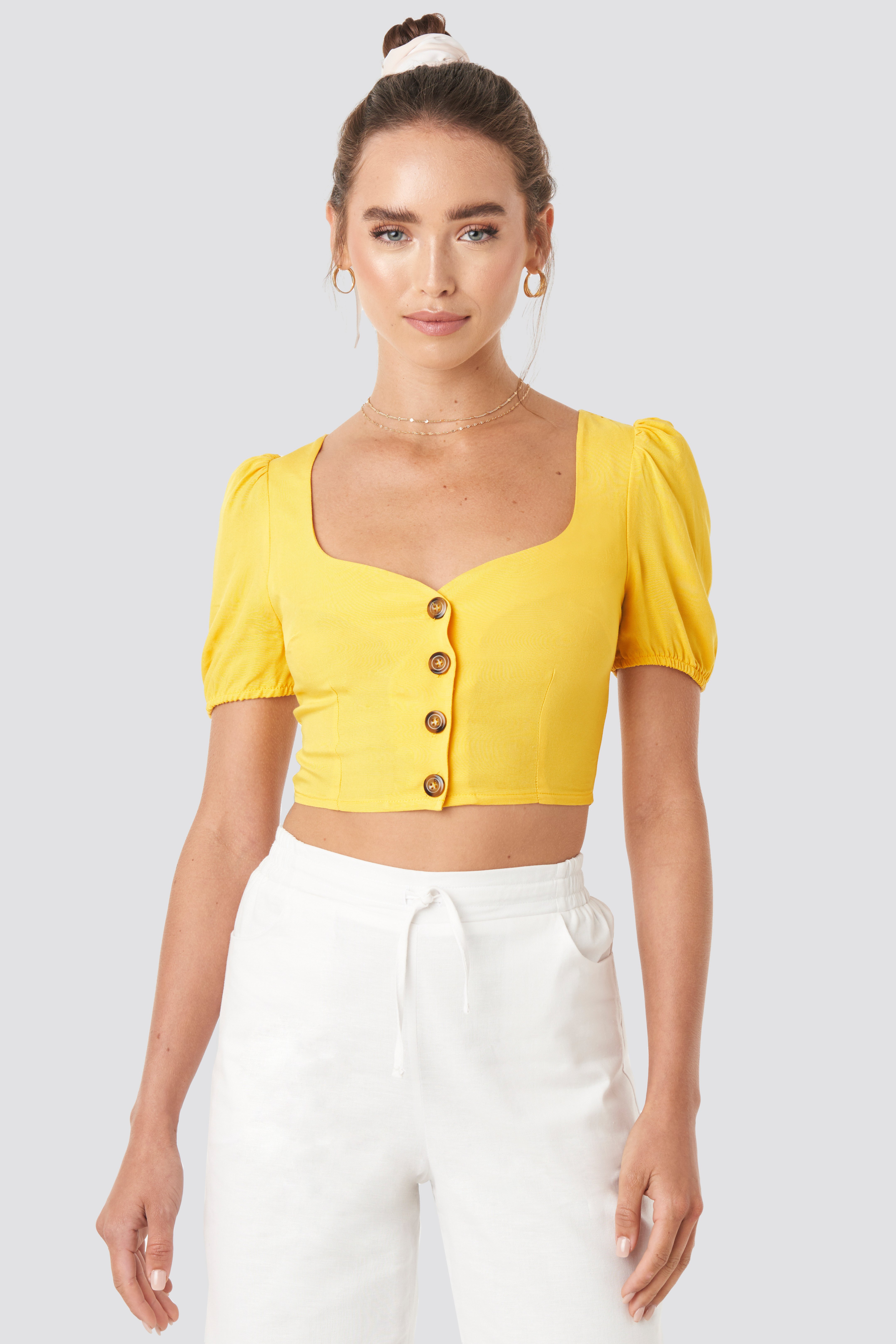 Wide Neck Buttoned Top Yellow