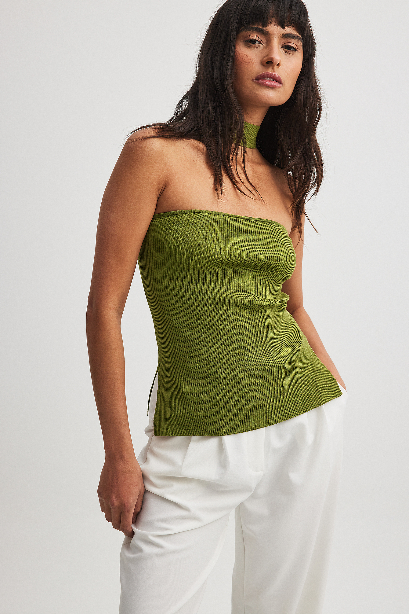 NA-KD choker neck knitted bandeau top in olive green