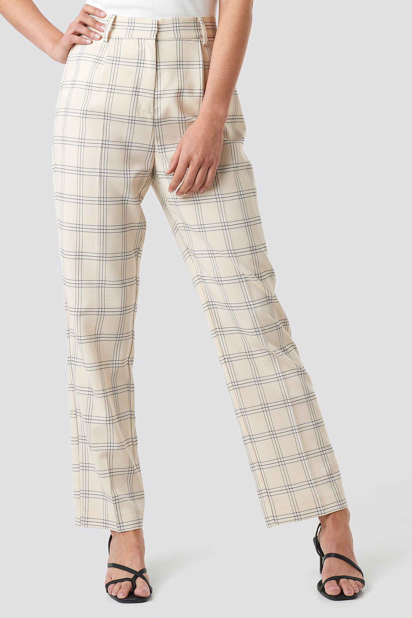 checkered pants and v-neck longsleeves