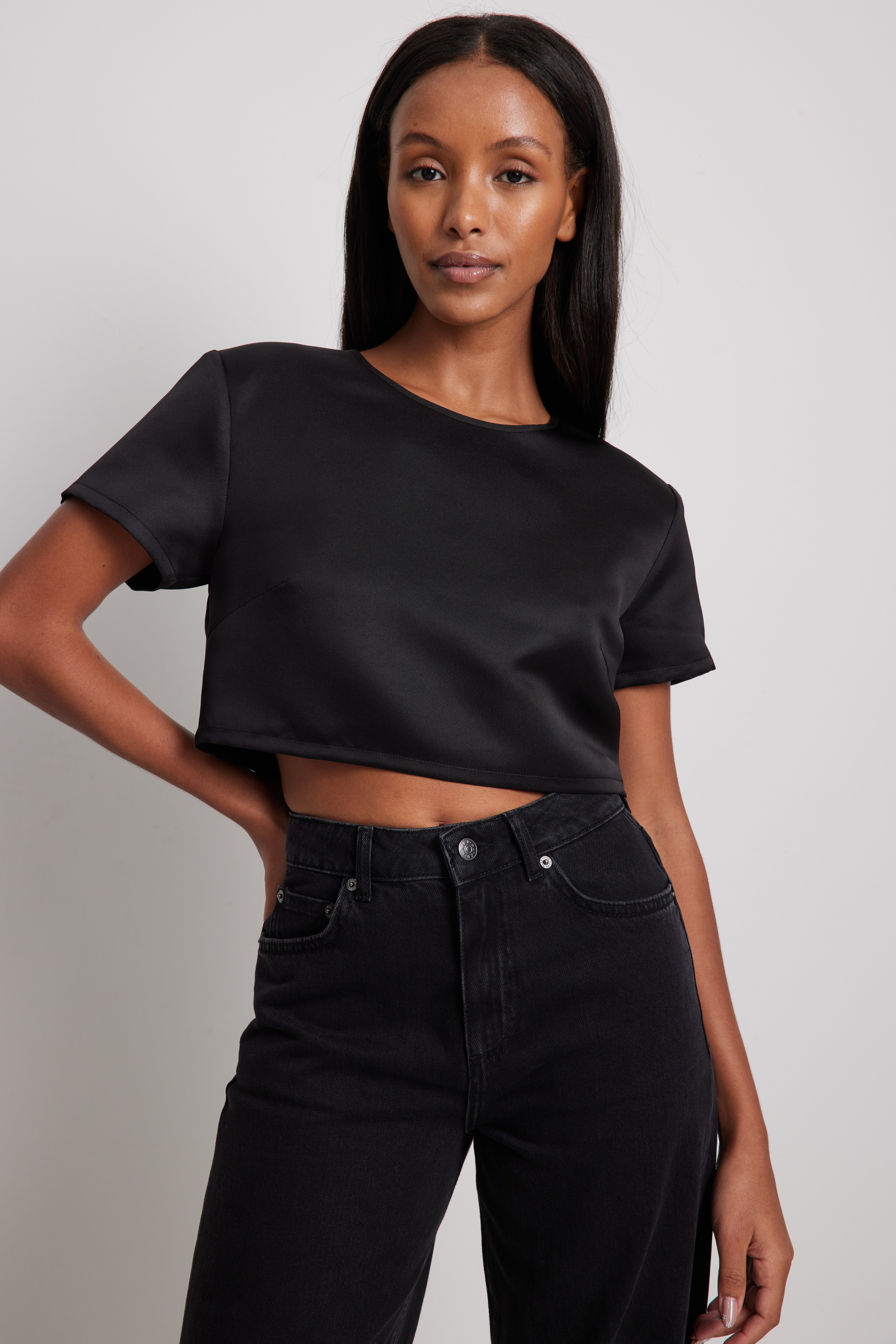 Cropped Shoulder Padded Satin Top