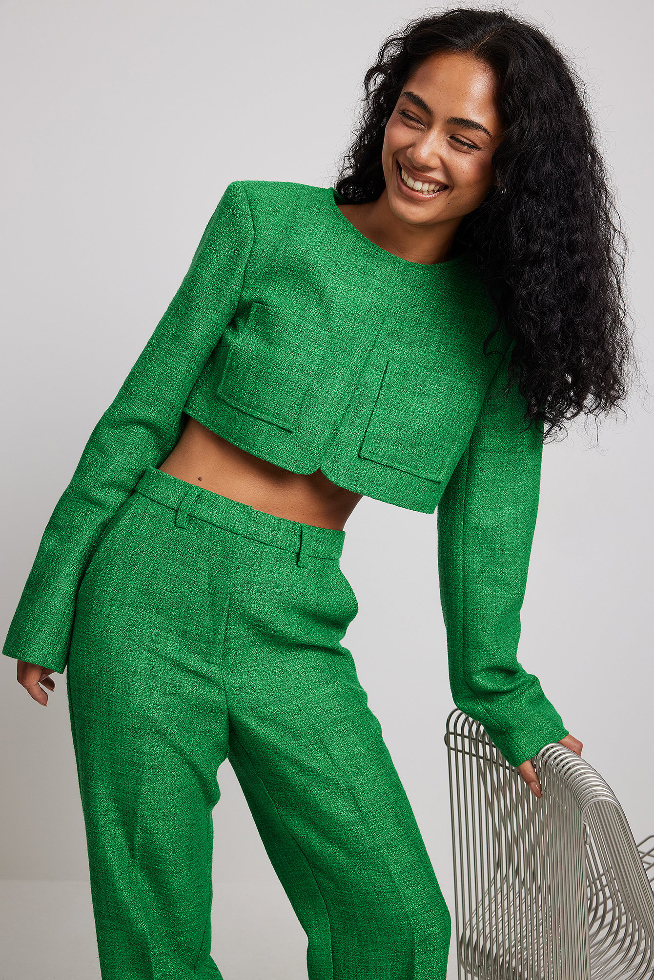 Cropped Tweed Blazer Green