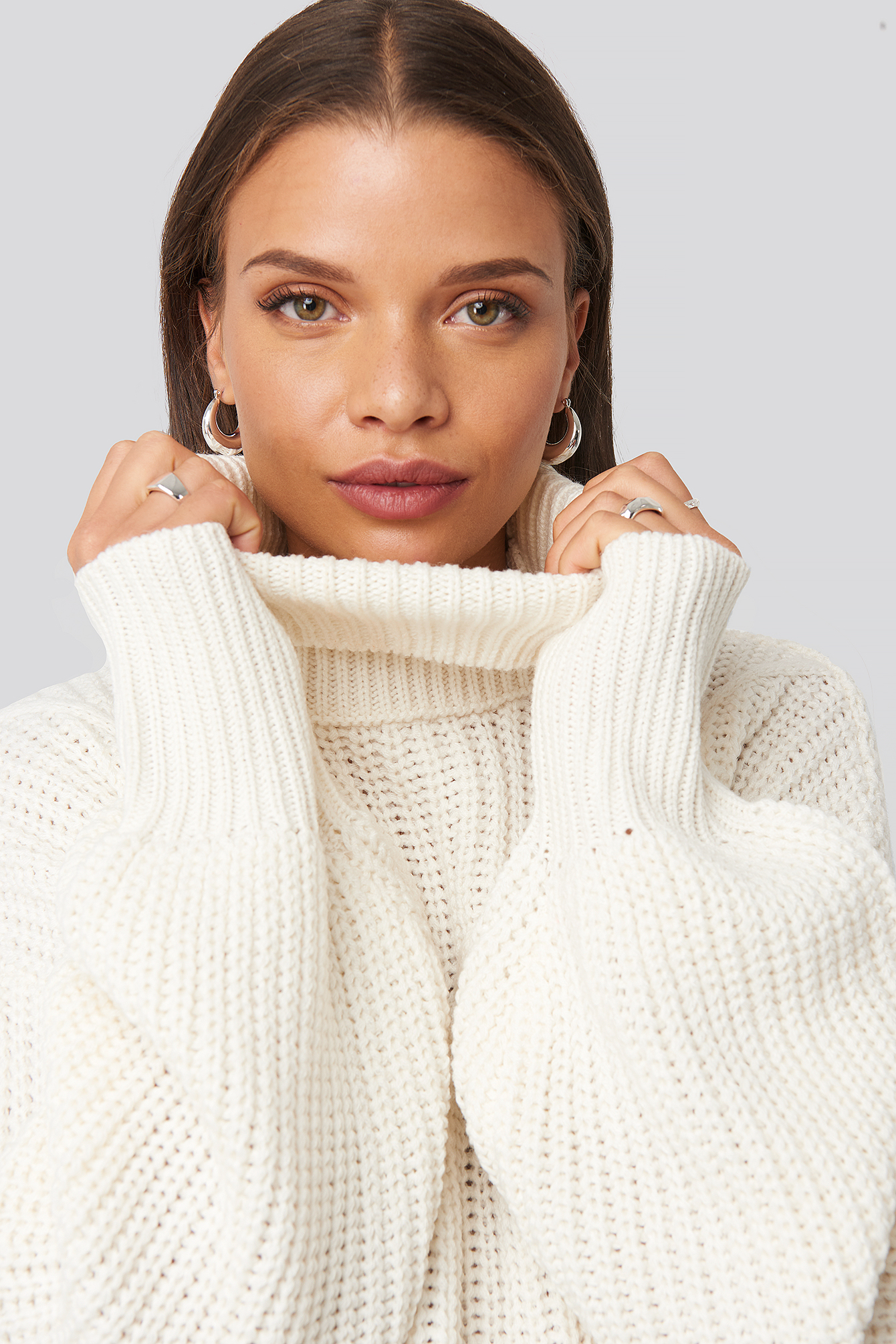 Ribbed Polo Cable Knit Sweater White