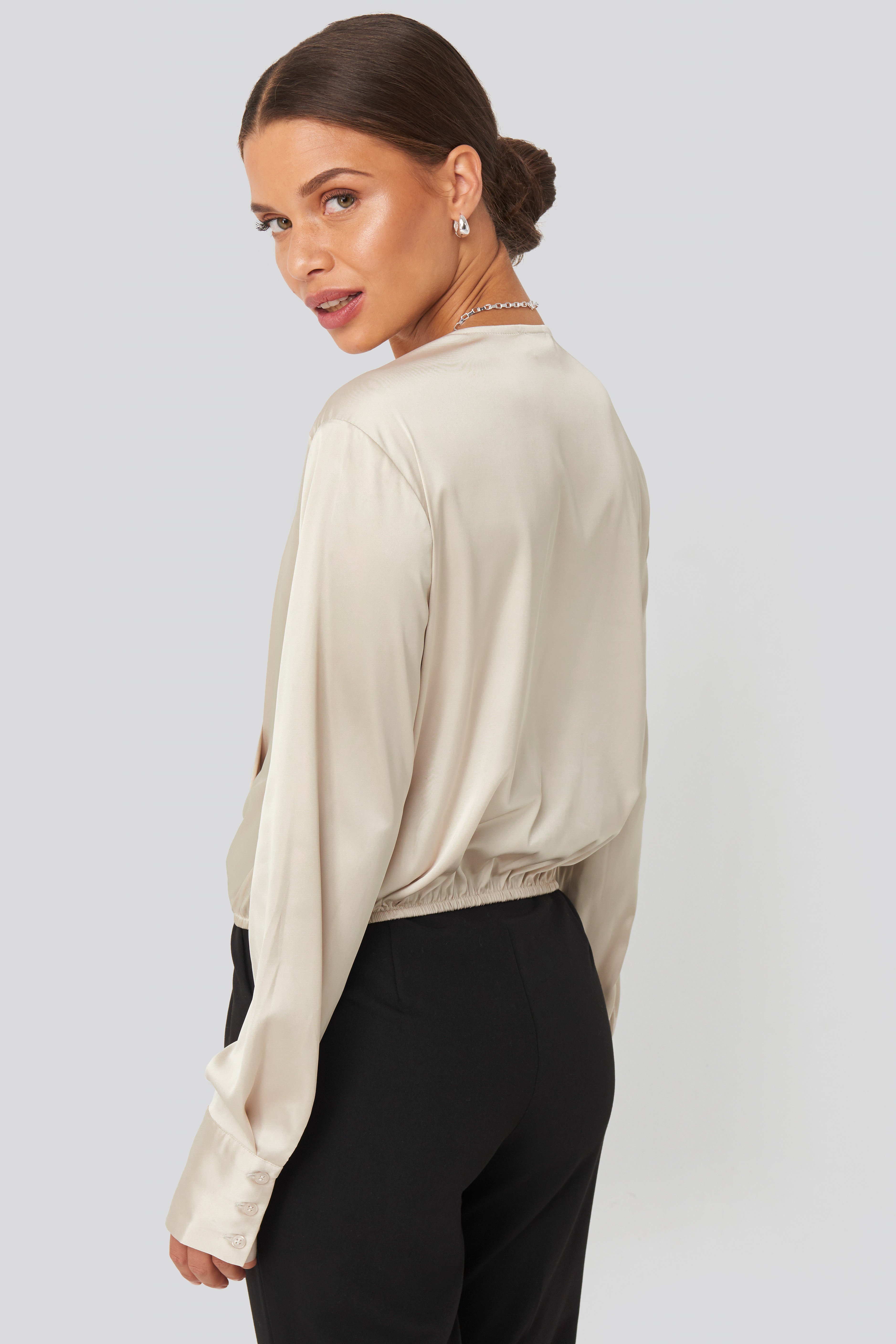 Overlap Gathered Satin Blouse Beige Na