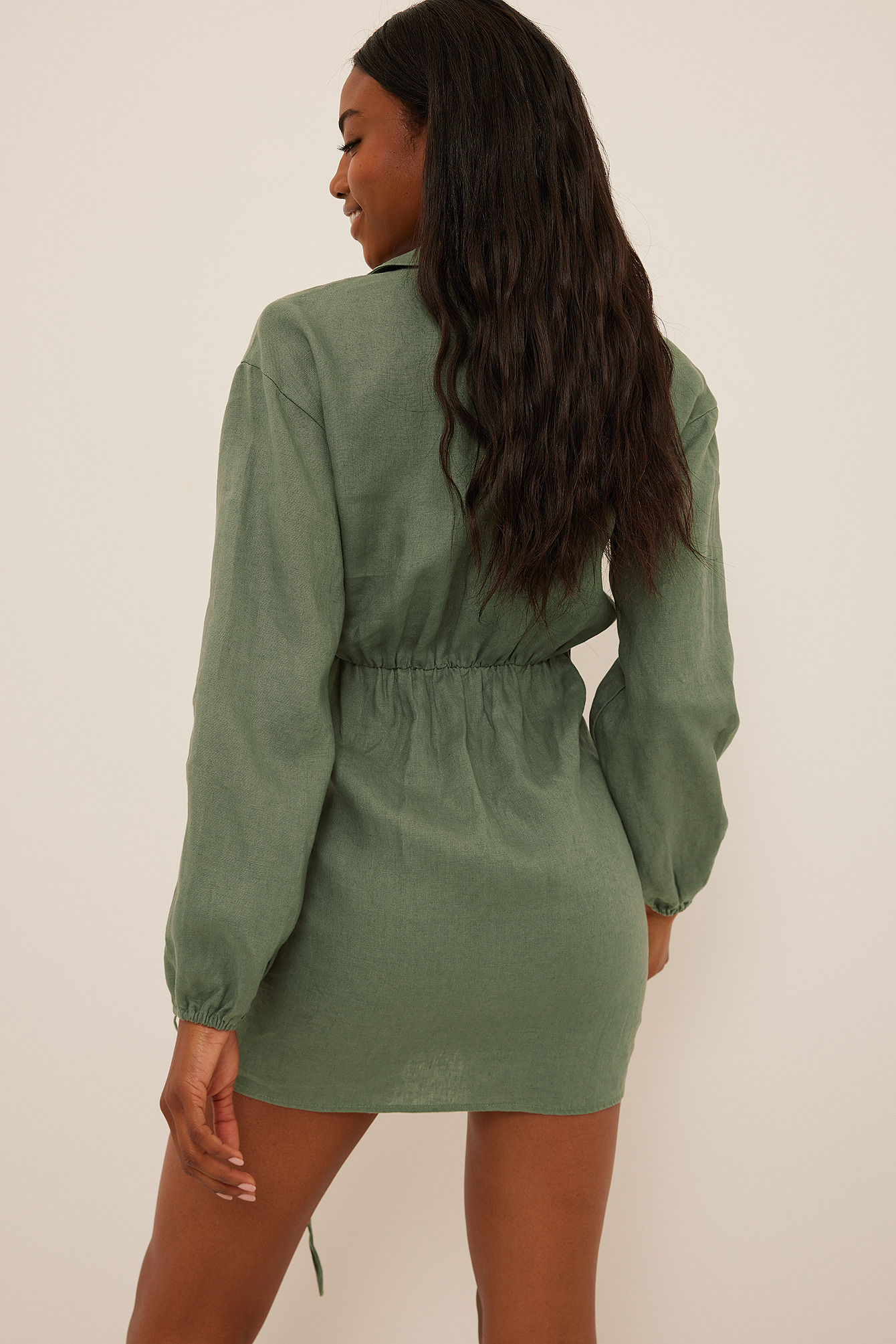 Drawstring Linen Mini Dress Green Na 