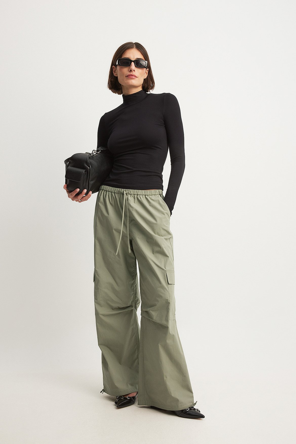 Lockere Cargohose mit halbhoher Taille und Kordelzug - Green