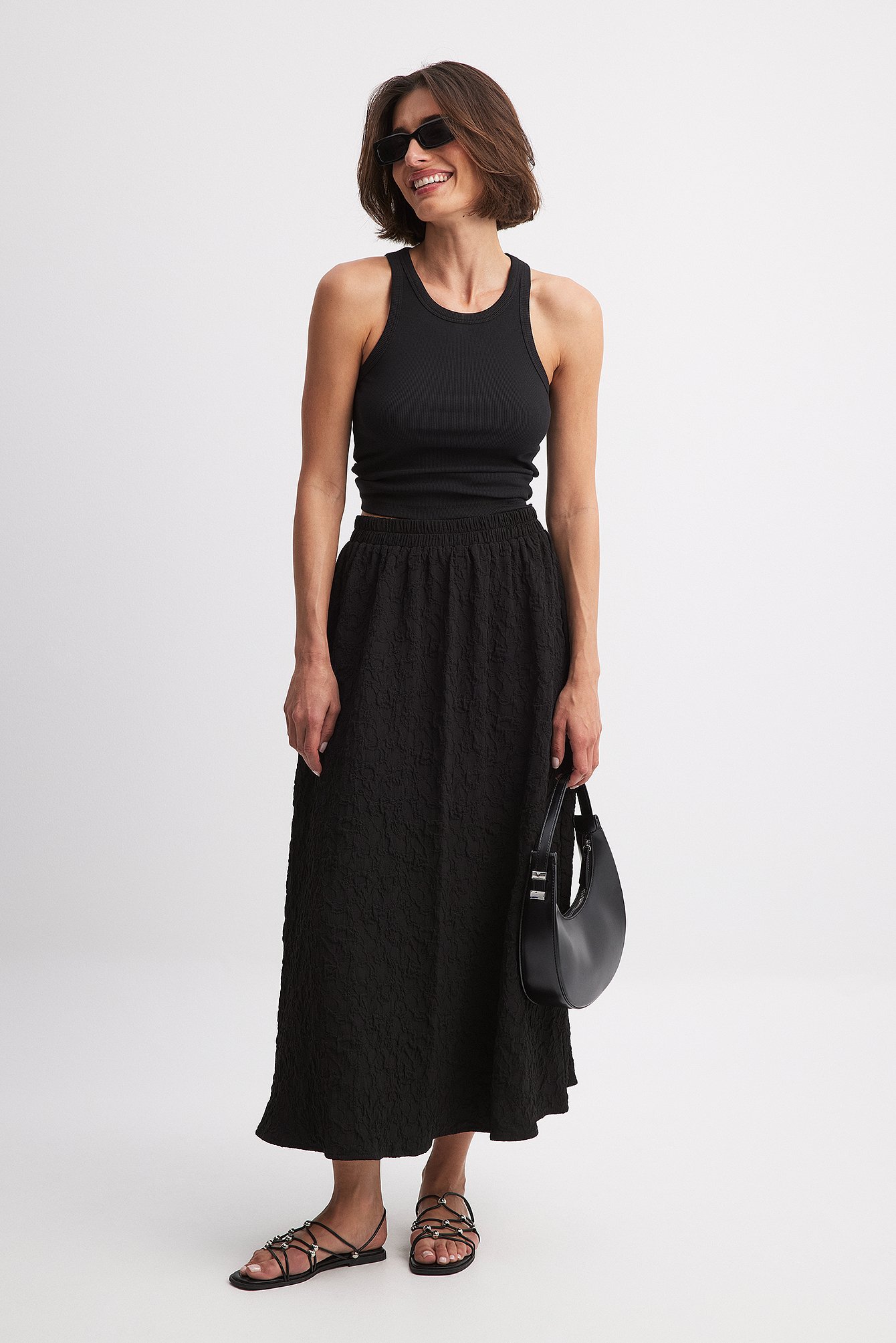 Black elasticated midi skirt best sale