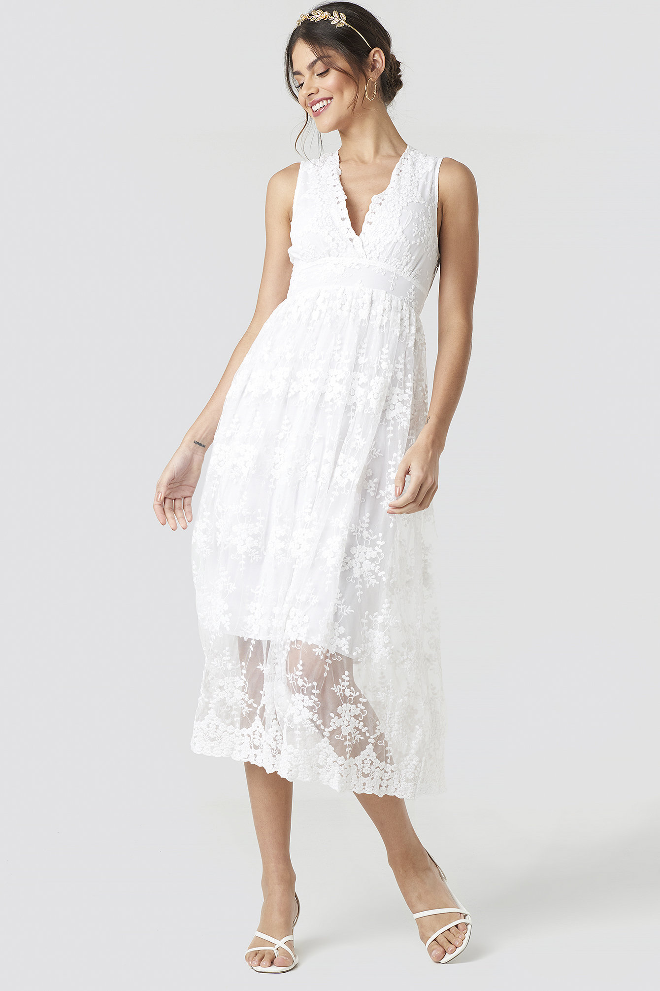 deep v neck white lace dress