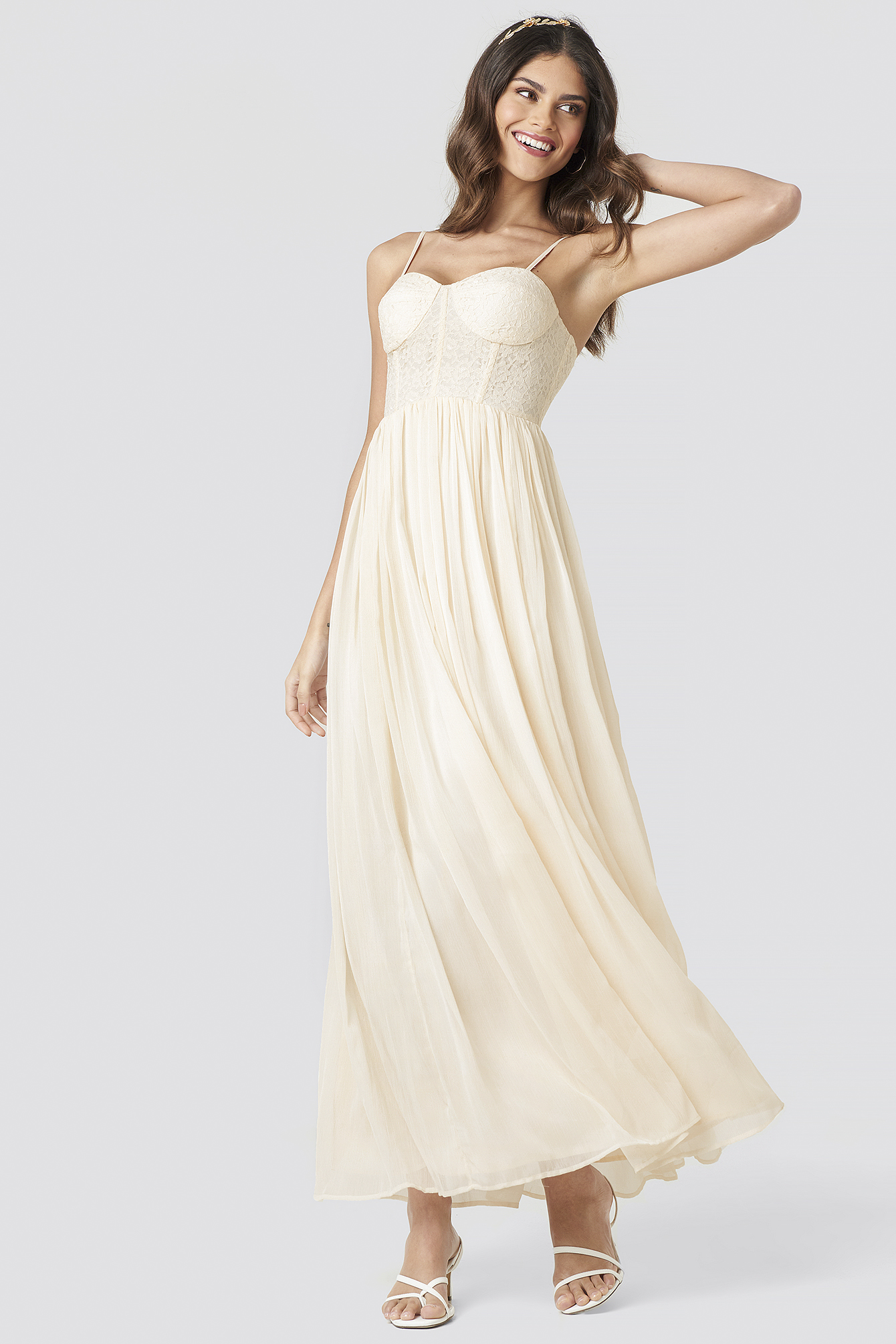 Lace Part Tulle Maxi Dress Light Beige | na-kd.com