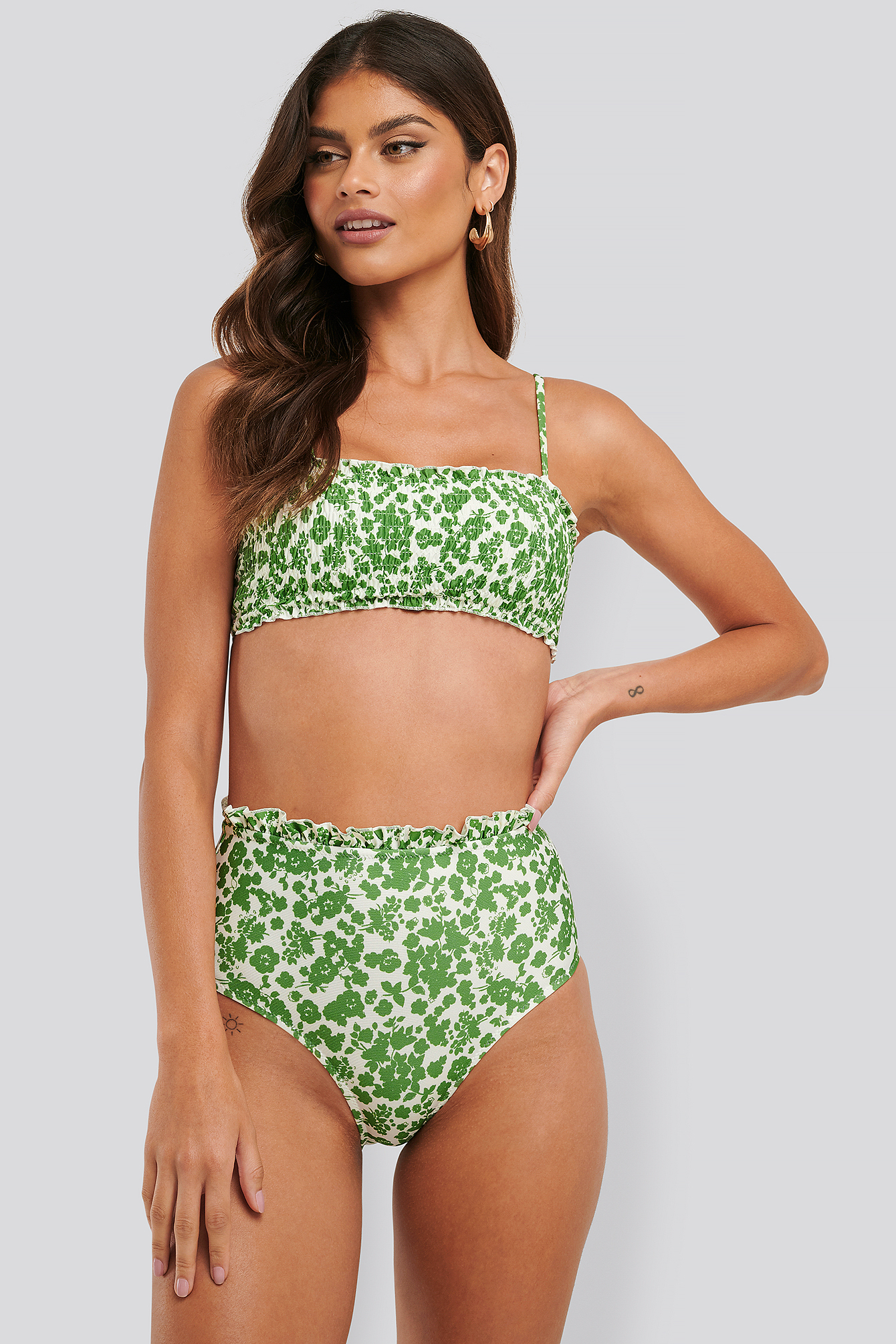 Floral Frilly High Waist Bikini Grün Na 