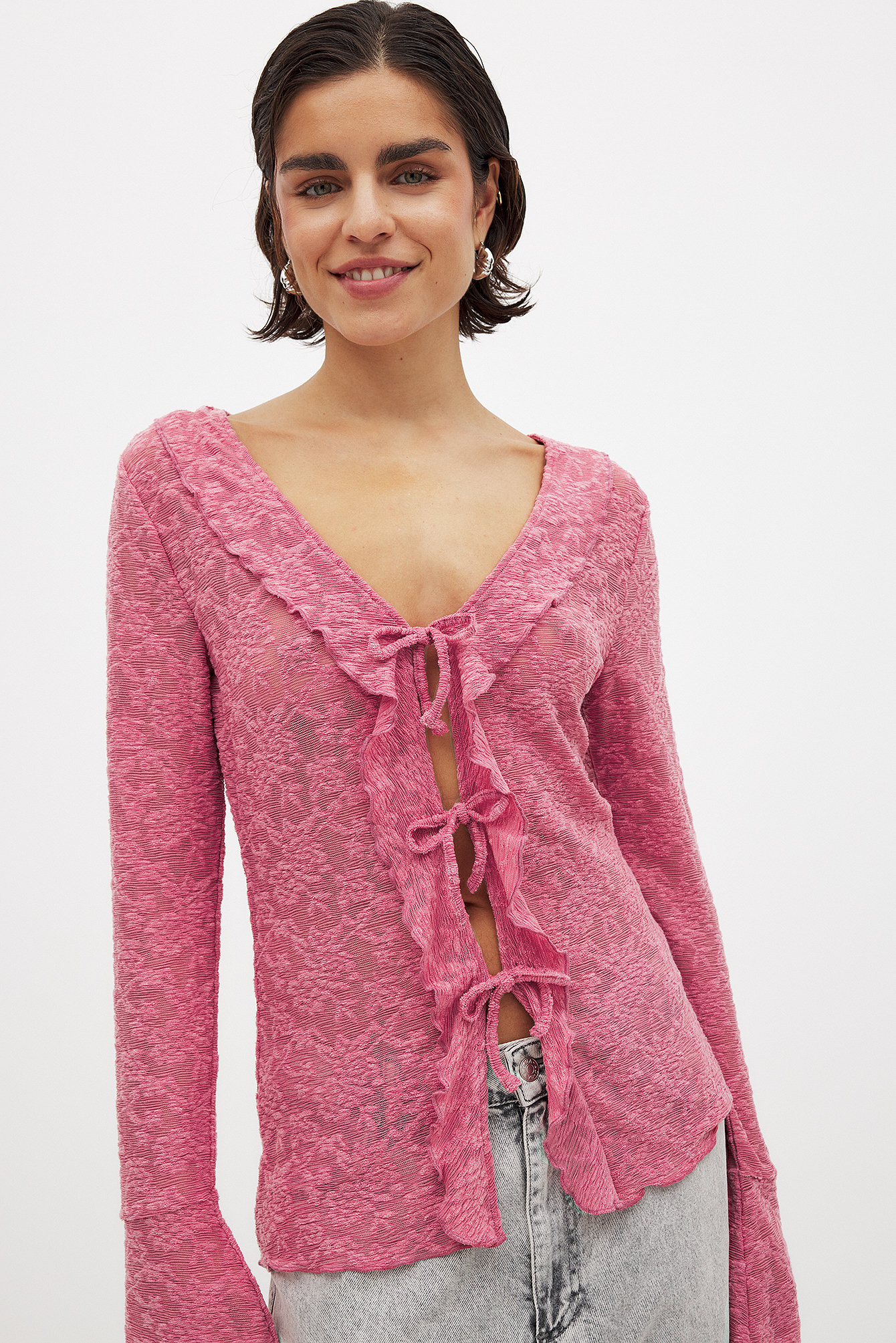 NA-KD Floral Long Sleeve Tie Top - Blusen - Rosa - XS (EU 32) - NA-KD / NAKD