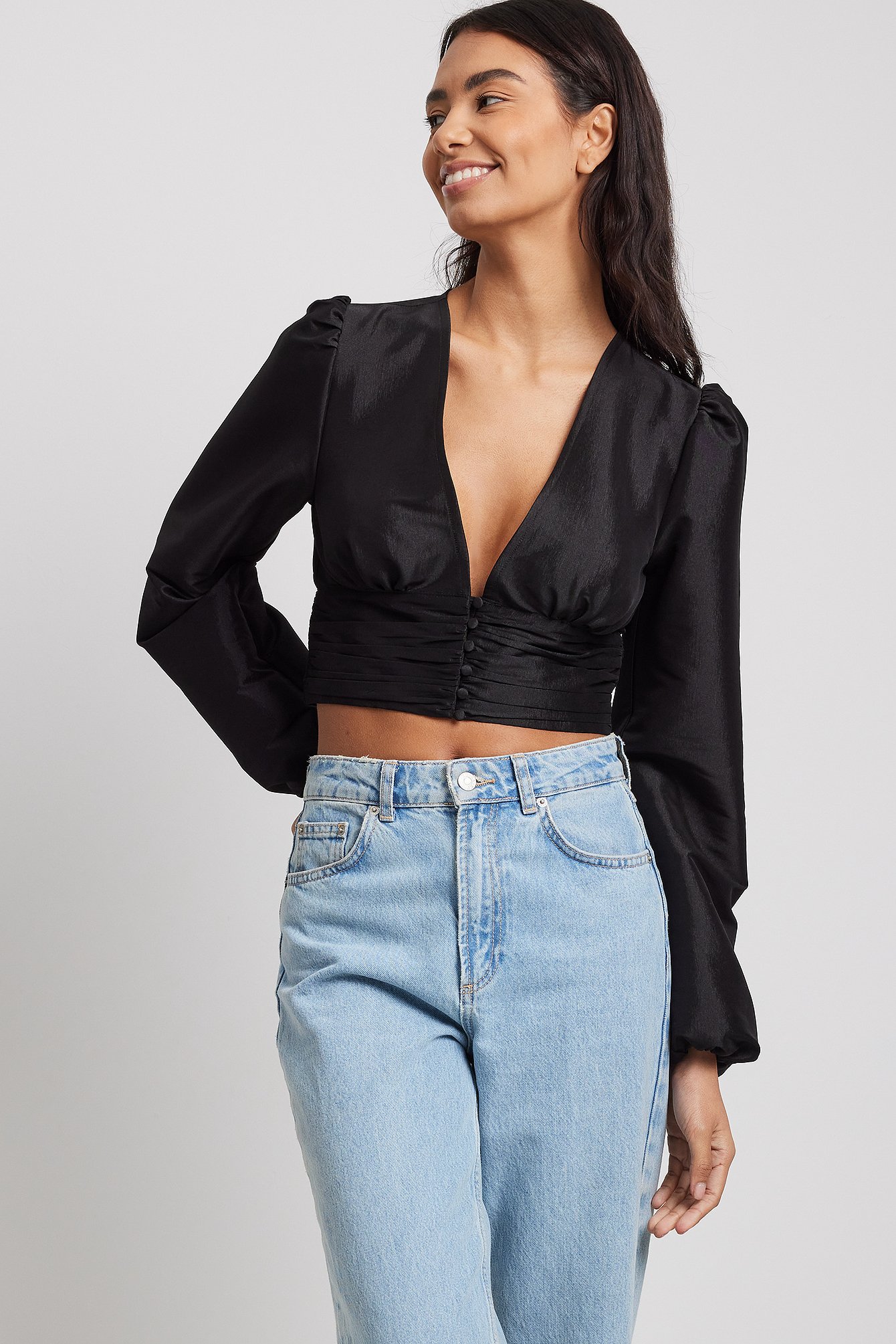 Gathered Waist Balloon Sleeve Blouse Black | NA-KD