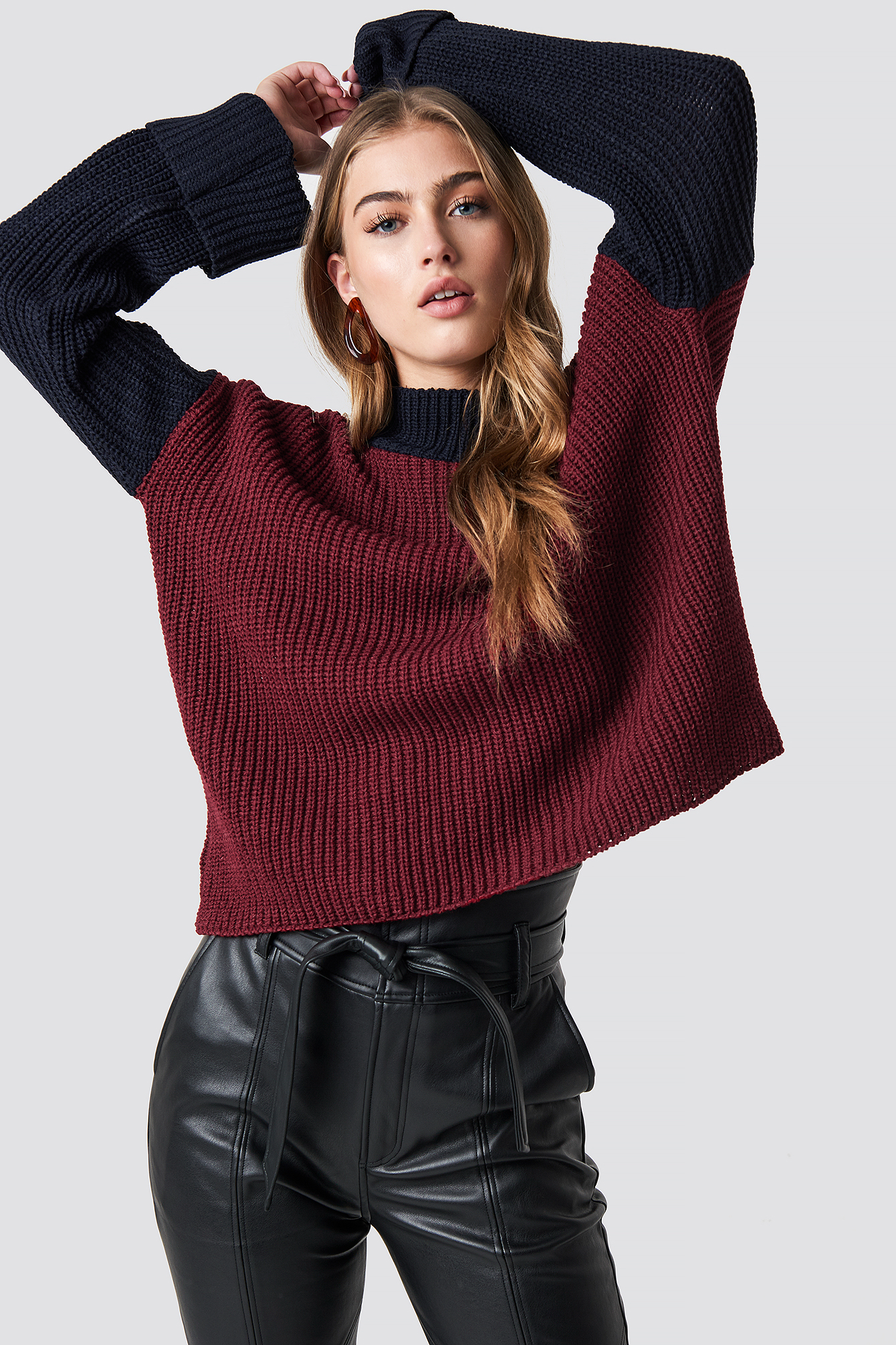 Balloon Sleeve Knitted Jumper Burgundy Navy | na-kd.com