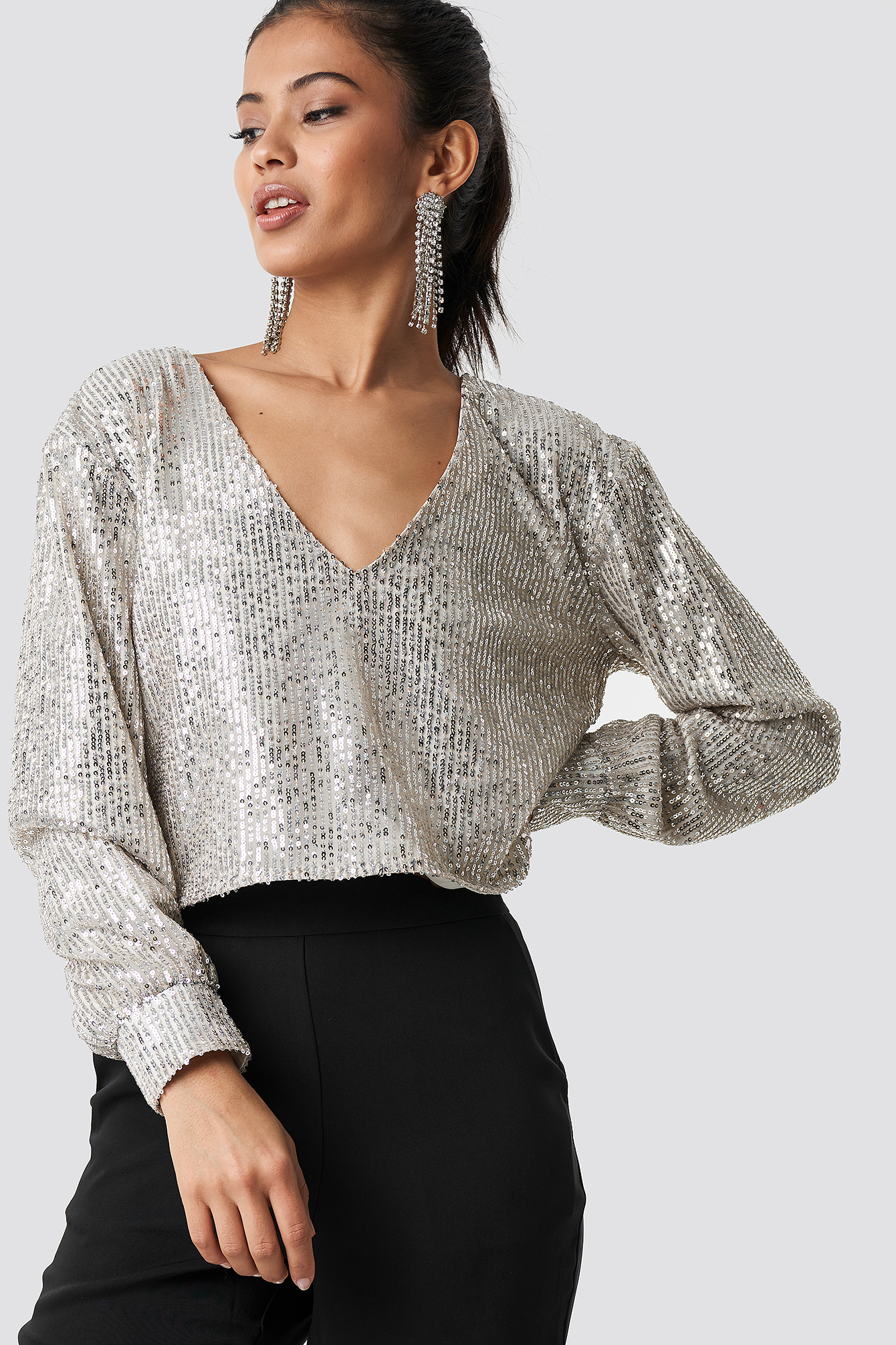 Oversized Wide Neck Sequin Blouse 
