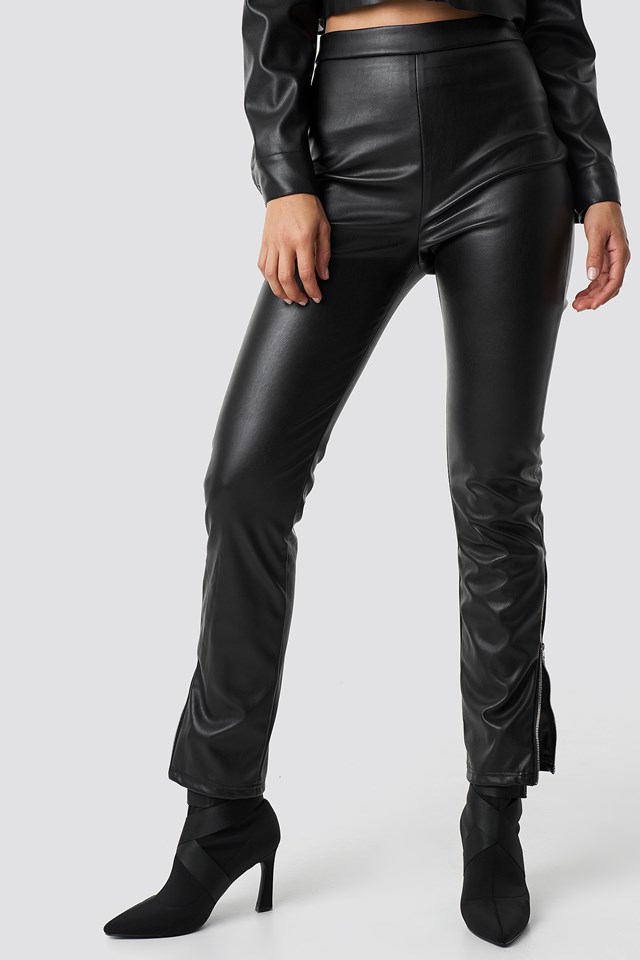 Zip Detailed Faux Leather Pants Black | na-kd.com