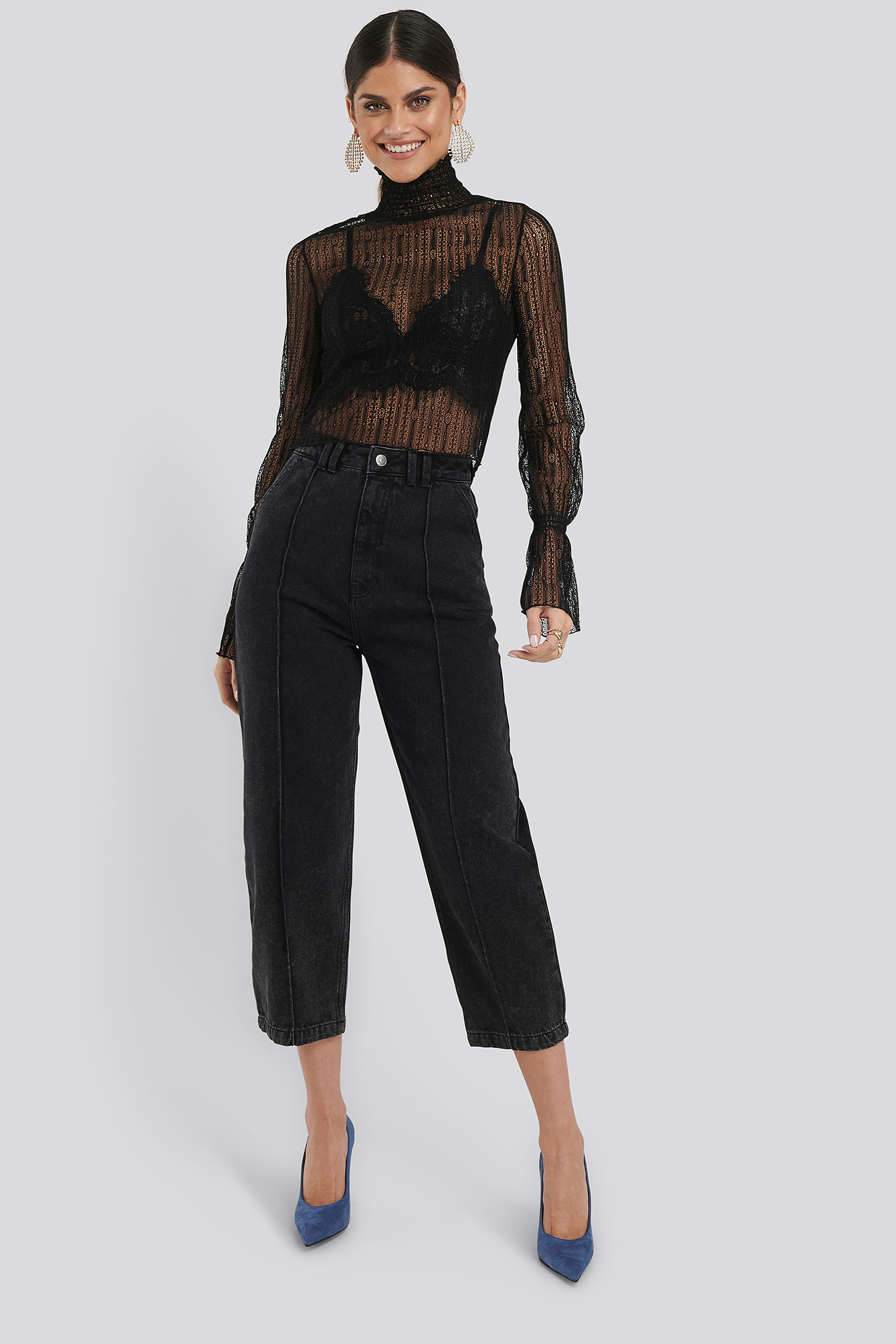 High Neck Lace Top Black | na-kd.com