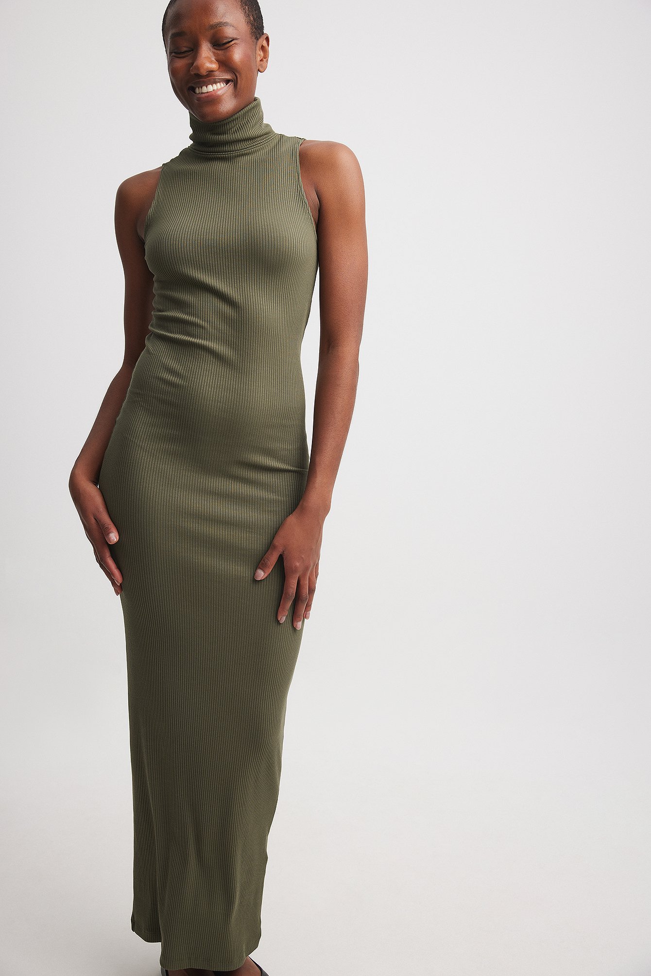 High Neck Ribbed Maxi Dress Green | NA-KD