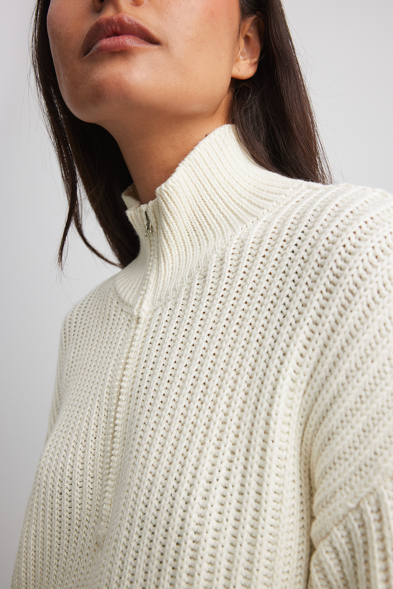 High Neck Zipped Knitted Sweater Offwhite | NA-KD