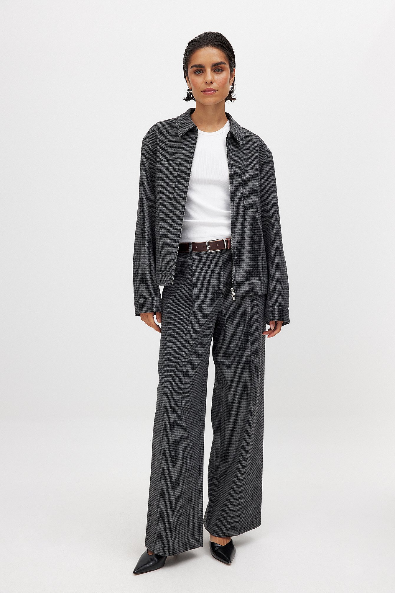 NA-KD Houndstooth Mid Waist Wide Leg Pants - Wide Leg Trousers - Grey - EU 32 - NA-KD / NAKD