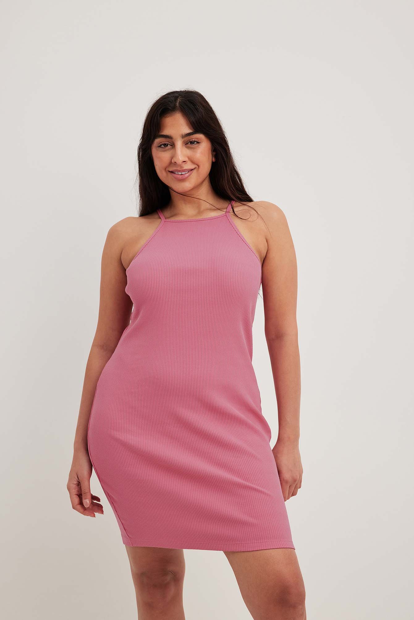 NA-KD Basic Jersey Halterneck Mini Dress - Halterneck Dresses - Pink - X-Small - NA-KD / NAKD