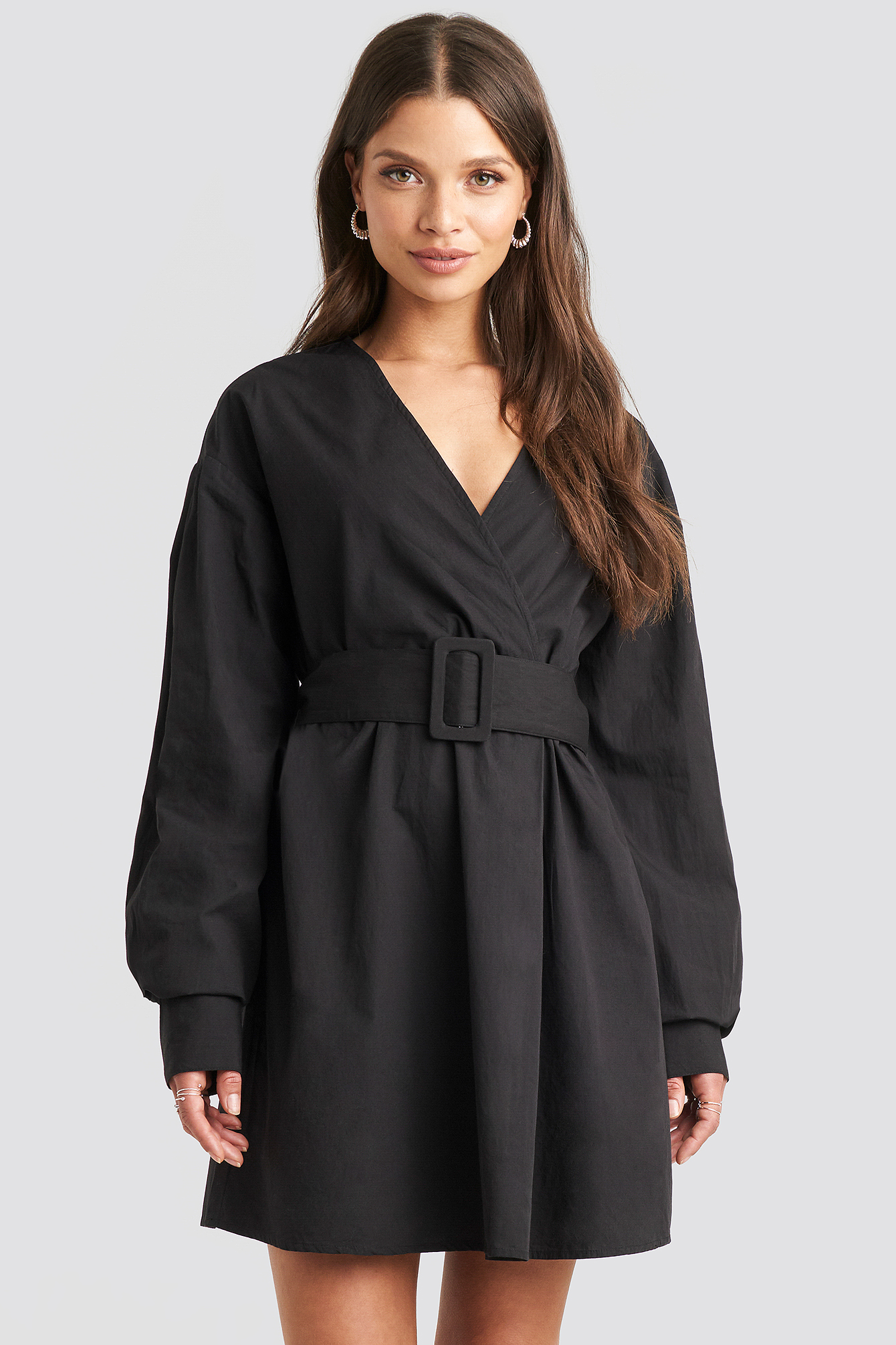 Belted Long Sleeve Shirt Dress Black Na 9256