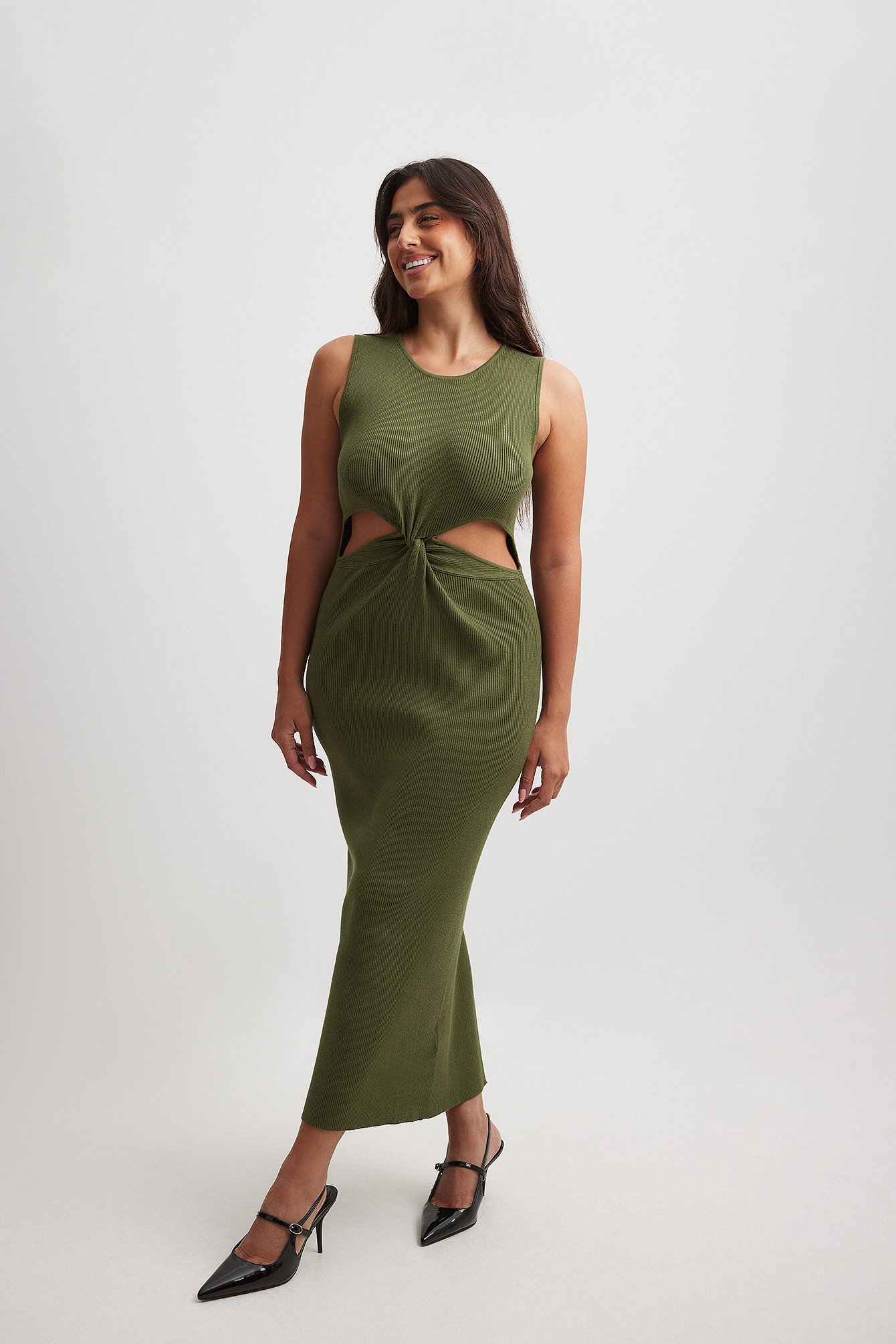Knitted Cut Out Midi Dress Green