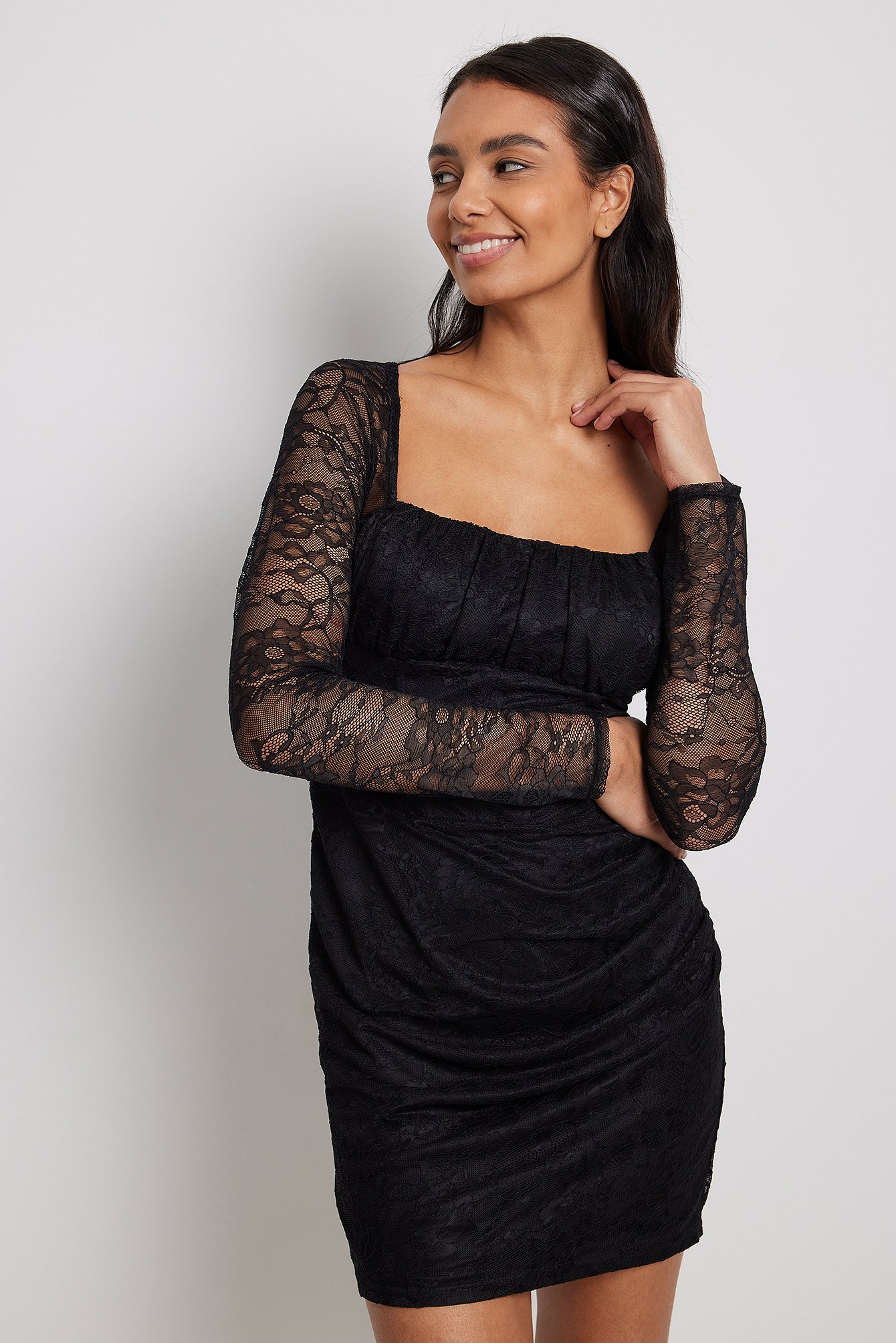 Lace LS Mini Dress Black | NA-KD