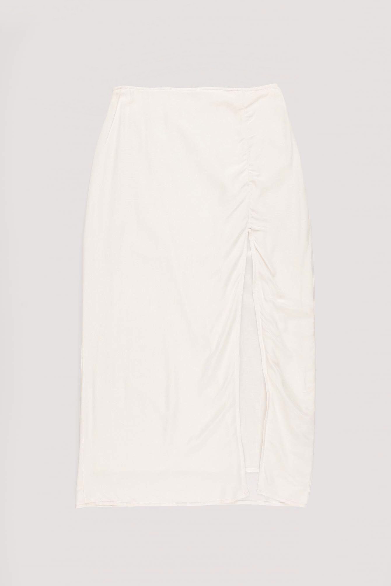 Linen Mix Slit Detail Midi Skirt Offwhite