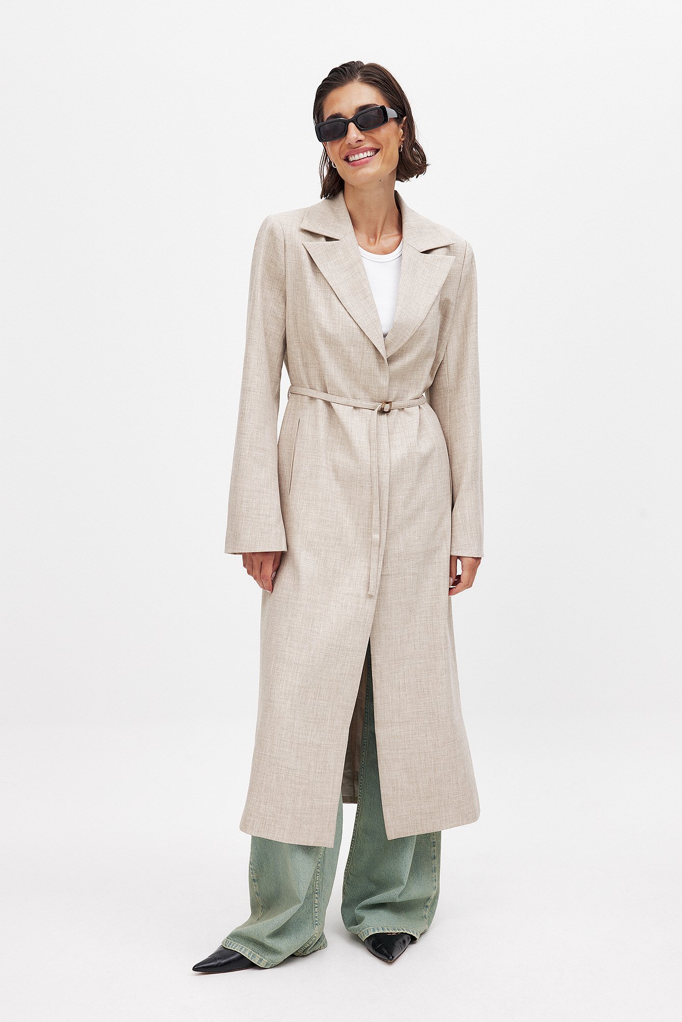 Débora Rosa x NA-KD Long Belt Detail Coat - Coats - Beige - EU 38 - NA-KD / NAKD