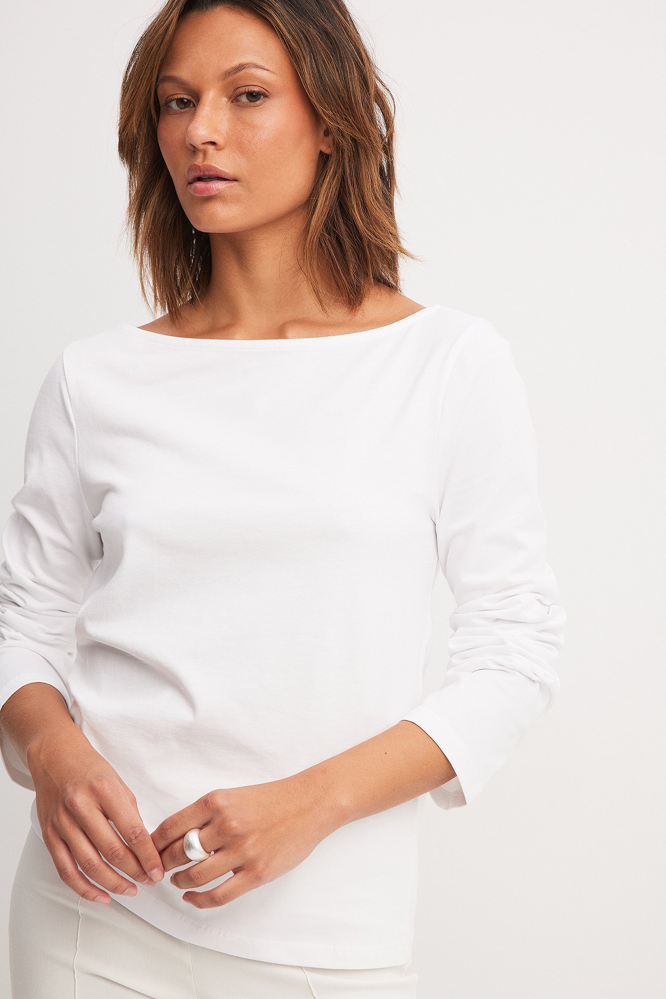 NA-KD Long Sleeve Boat Neck Cotton Top - White