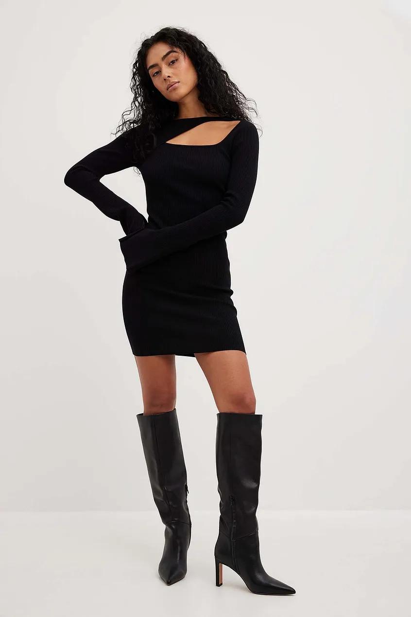 Women's Black Knit Bodycon Dress, Black Leather Loafers, Black Tights