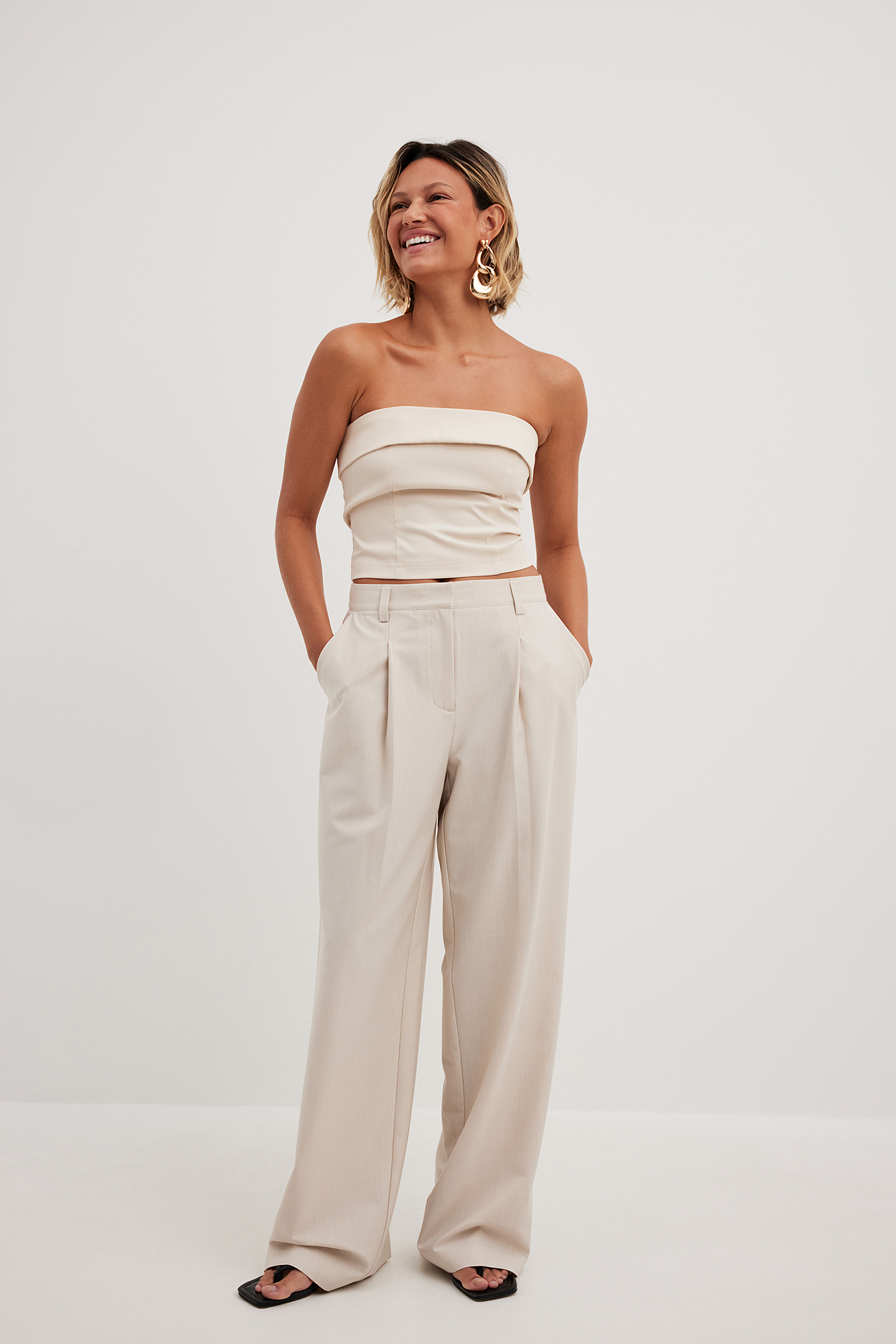 Pleated Melange Offwhite Rise | Pants NA-KD High Suit