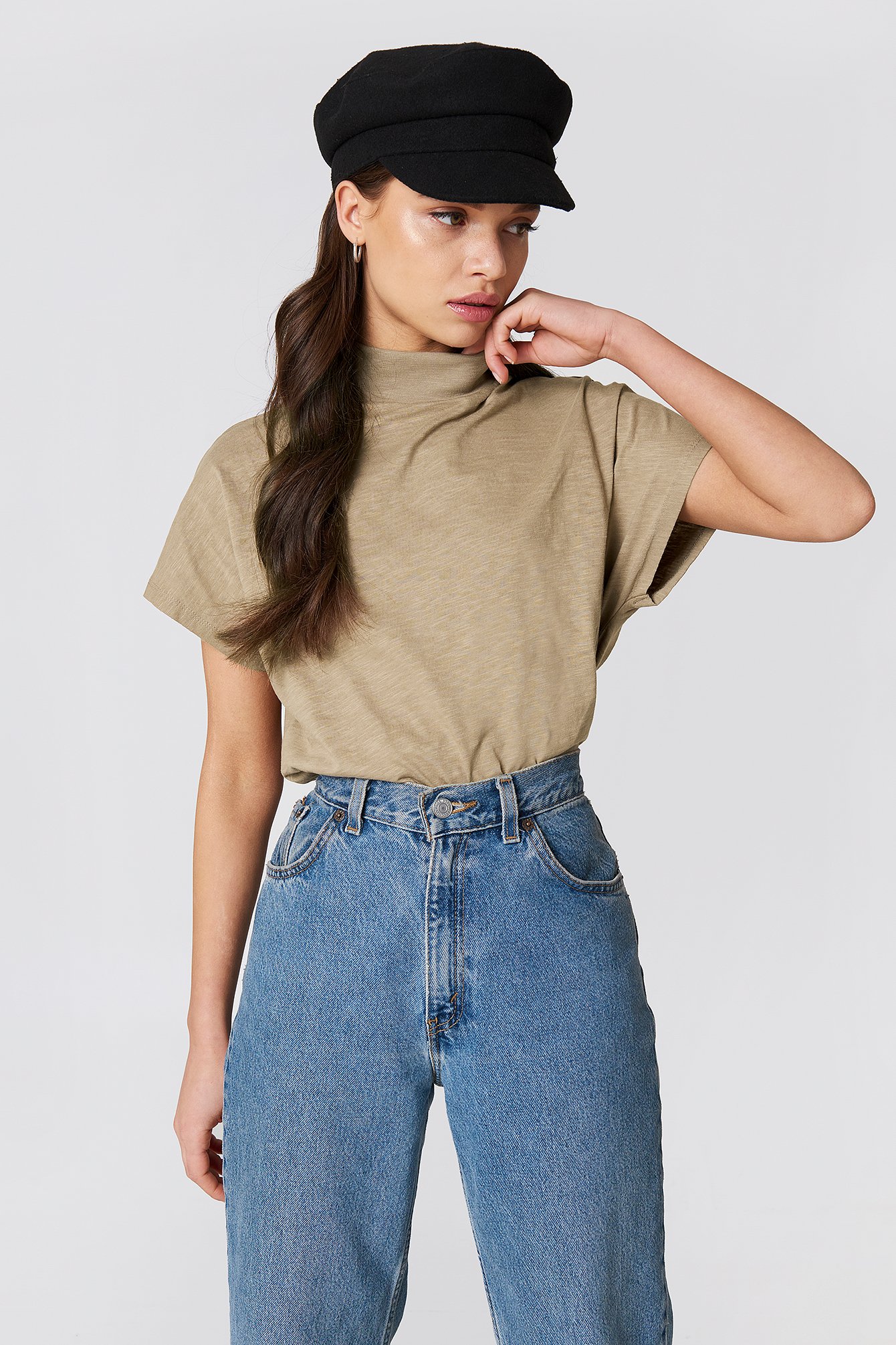 high neck cap sleeve top