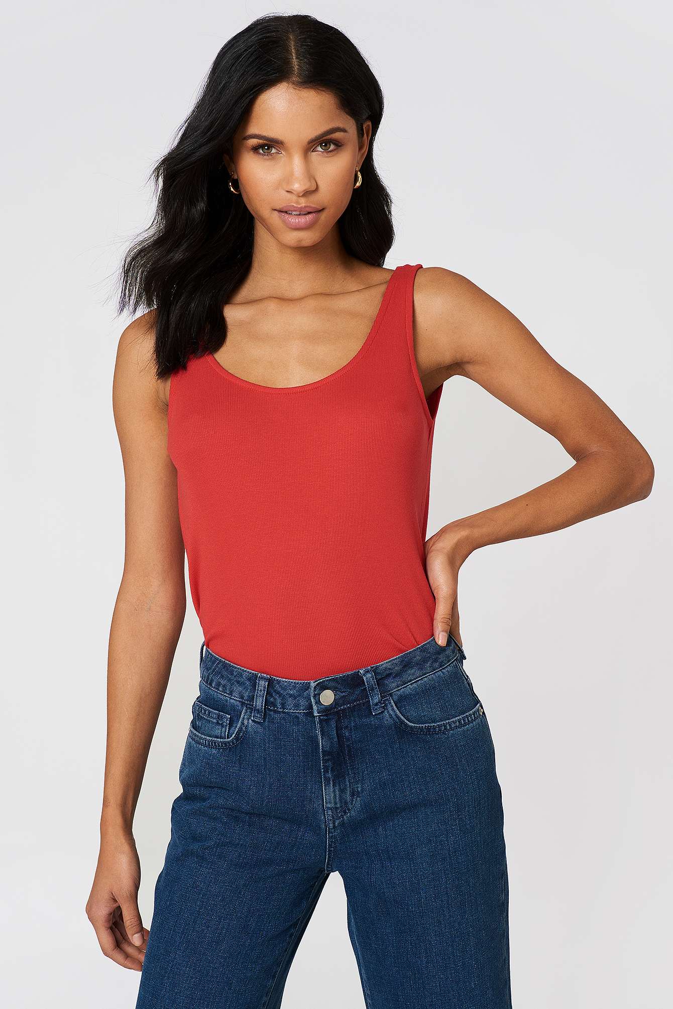 Red Ribbed Tank Top
 Ribbed Low Back Tank Top Red