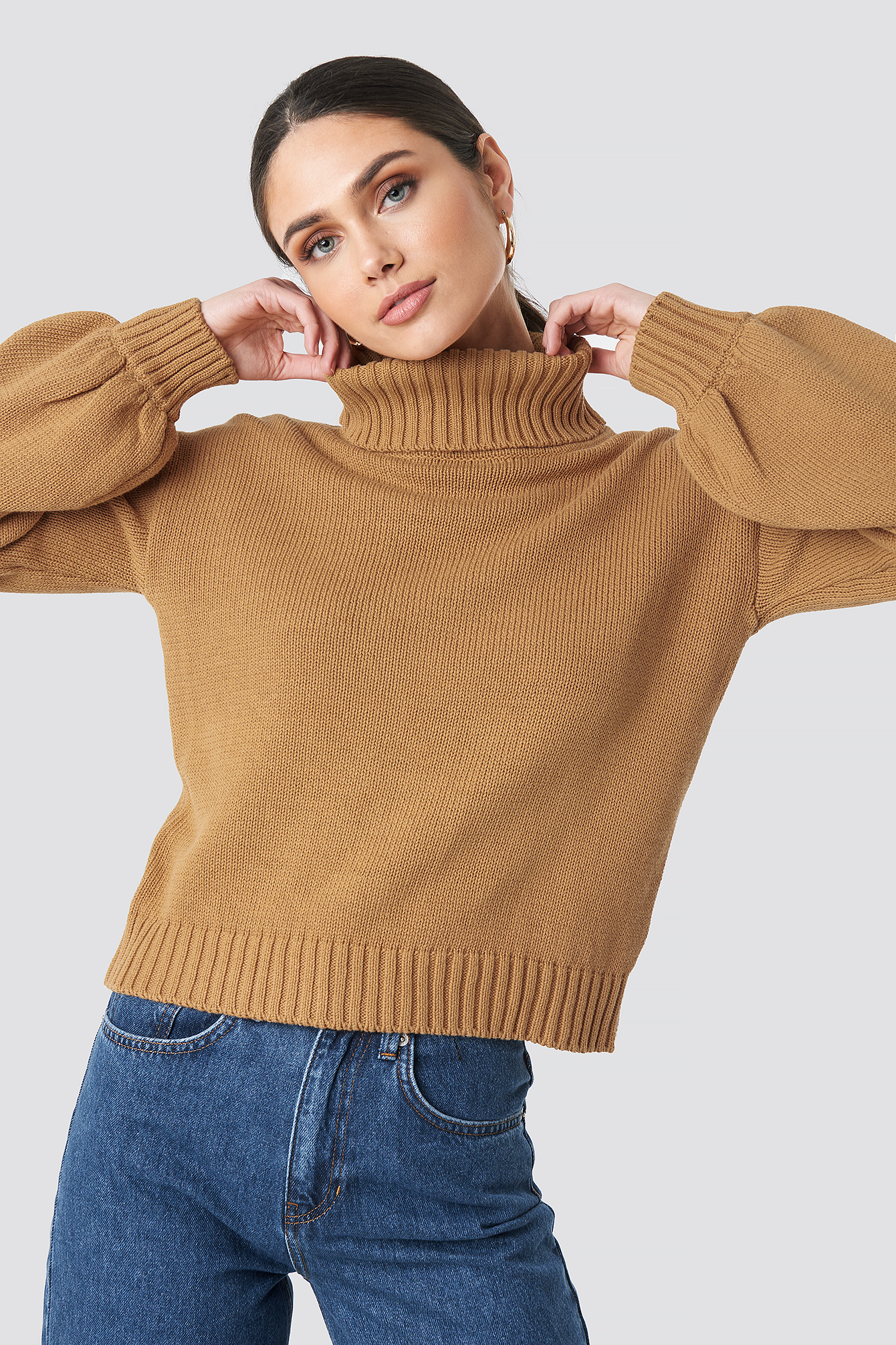 Balloon Sleeve High Neck Knitted Sweater Beige