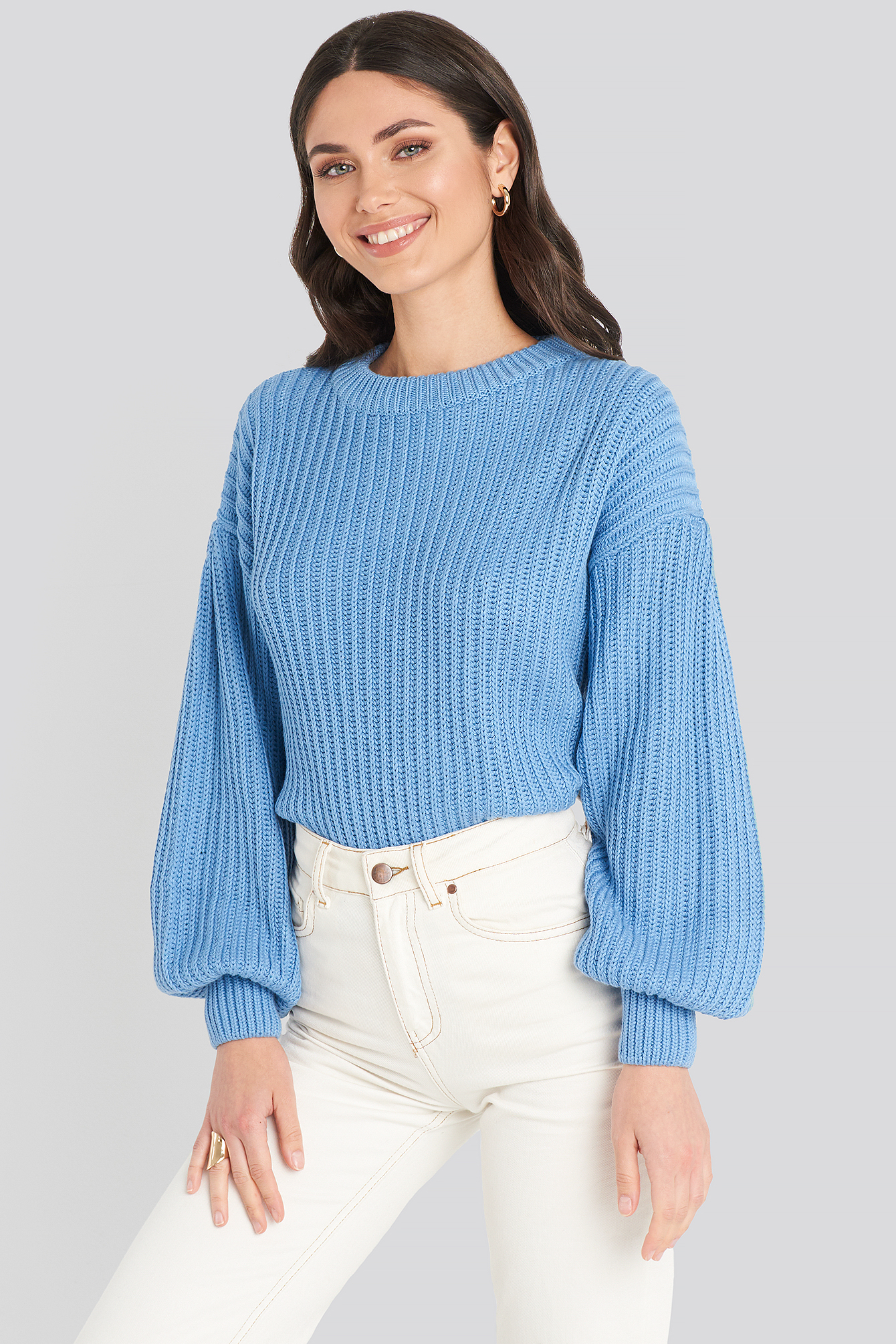 Balloon Sleeve Round Neck Sweater Blue Na Kd