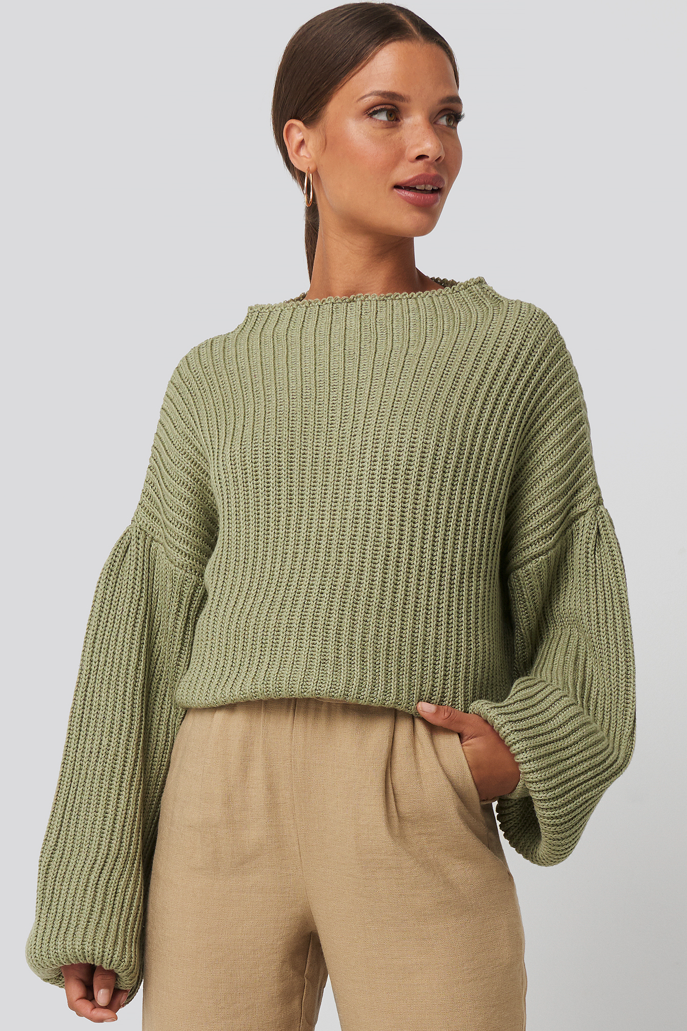Balloon Sleeve Knitted Sweater TEST Green | NA-KD