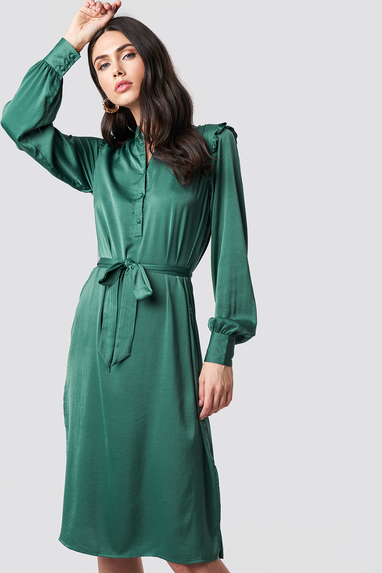 Balloon Sleeve Ruffle Shoulder Midi Dress Green | NA-KD